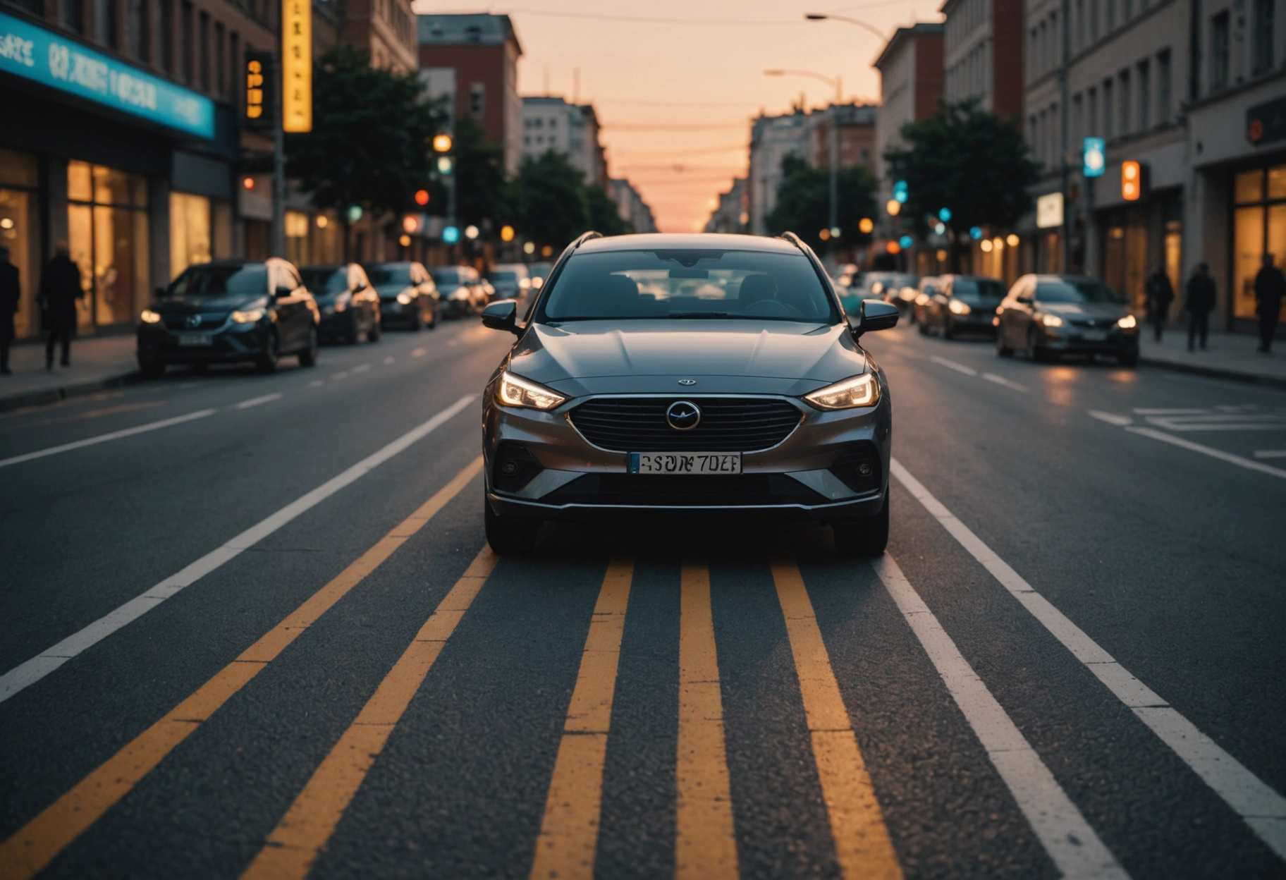 A city street at dusk with a vehicle engaging ADAS features; digital lines and symbols depict collision avoidance in action, preventing an accident, using warm sunset colors and sharp contrasts to emphasize safety and protection.