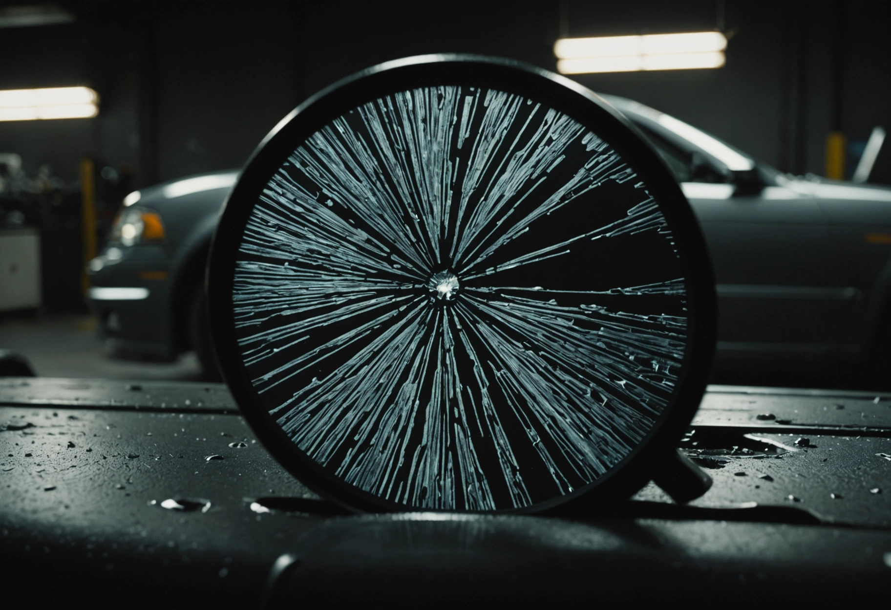 A dramatic close-up of a car's surface displaying the intricate details of paint damage under a magnifying lens, set against a dark, minimalist background, capturing the complexity and necessity of paint refinishing and showcasing the precision and craftsmanship involved in the repair process. Do not include any text, writing, letters, or words in the image.