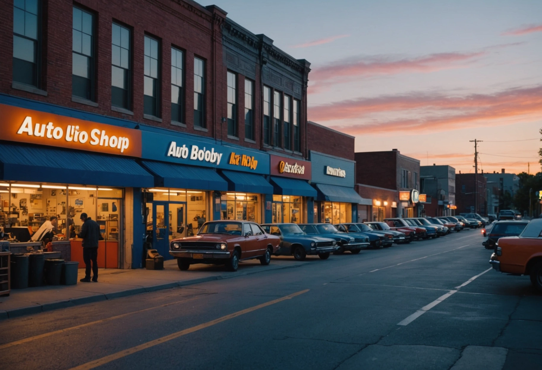 A dramatic urban landscape at twilight, showcasing a busy auto body shop on a lively street. The shop's facade is illuminated with a welcoming, warm orange glow, contrasting with the cool blues of the evening sky. Inside the open garage, skilled technicians work diligently on various cars, each undergoing different stages of repair. The bustling city life outside adds energy and vibrancy to the scene. Do not include any text, writing, letters, or words in the image.