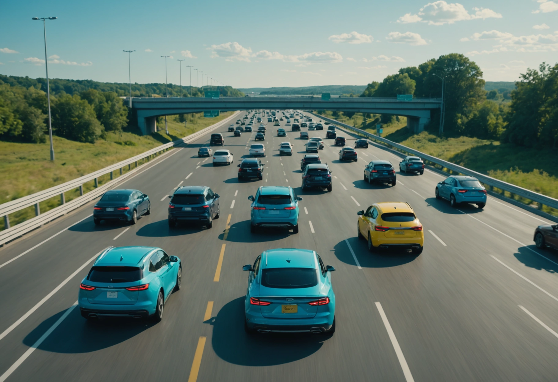 A dynamic highway scene with various cars utilizing ADAS, capturing a sense of motion and futuristic innovation, emphasizing these systems' integration into everyday driving; use a bright, optimistic color palette with a focus on sky blues and greens.