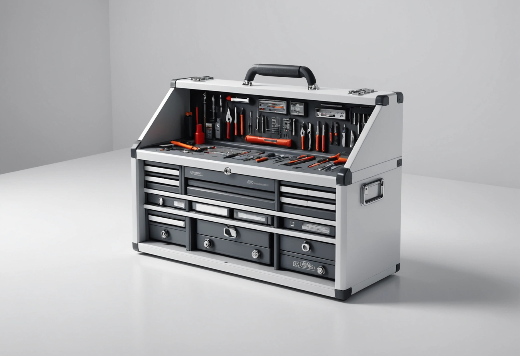 A minimalist, artistic representation of a toolbox that morphs into a futuristic digital interface. The toolbox is filled with various advanced diagnostic tools that seem to interact with pulsing, glowing circuits that extend into the background. The color scheme is stark white and metallic gray, giving a clean and modern feel. Do not include any text, writing, letters, or words in the image.