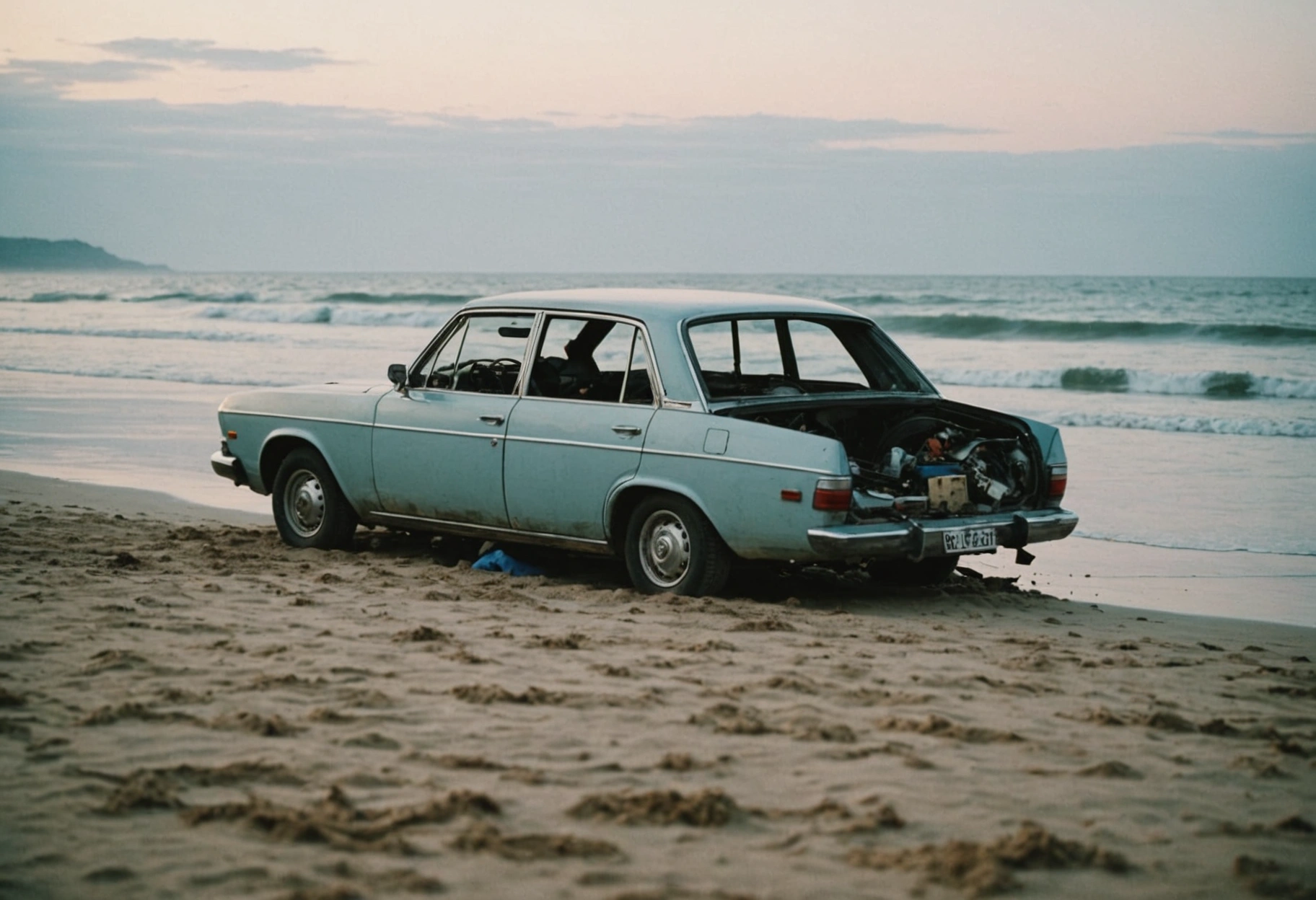 A peaceful coastal scene at dawn where a vehicle is parked on a sandy beach, partially enveloped by gentle ocean waves. The car appears to be in the process of disassembly, with parts