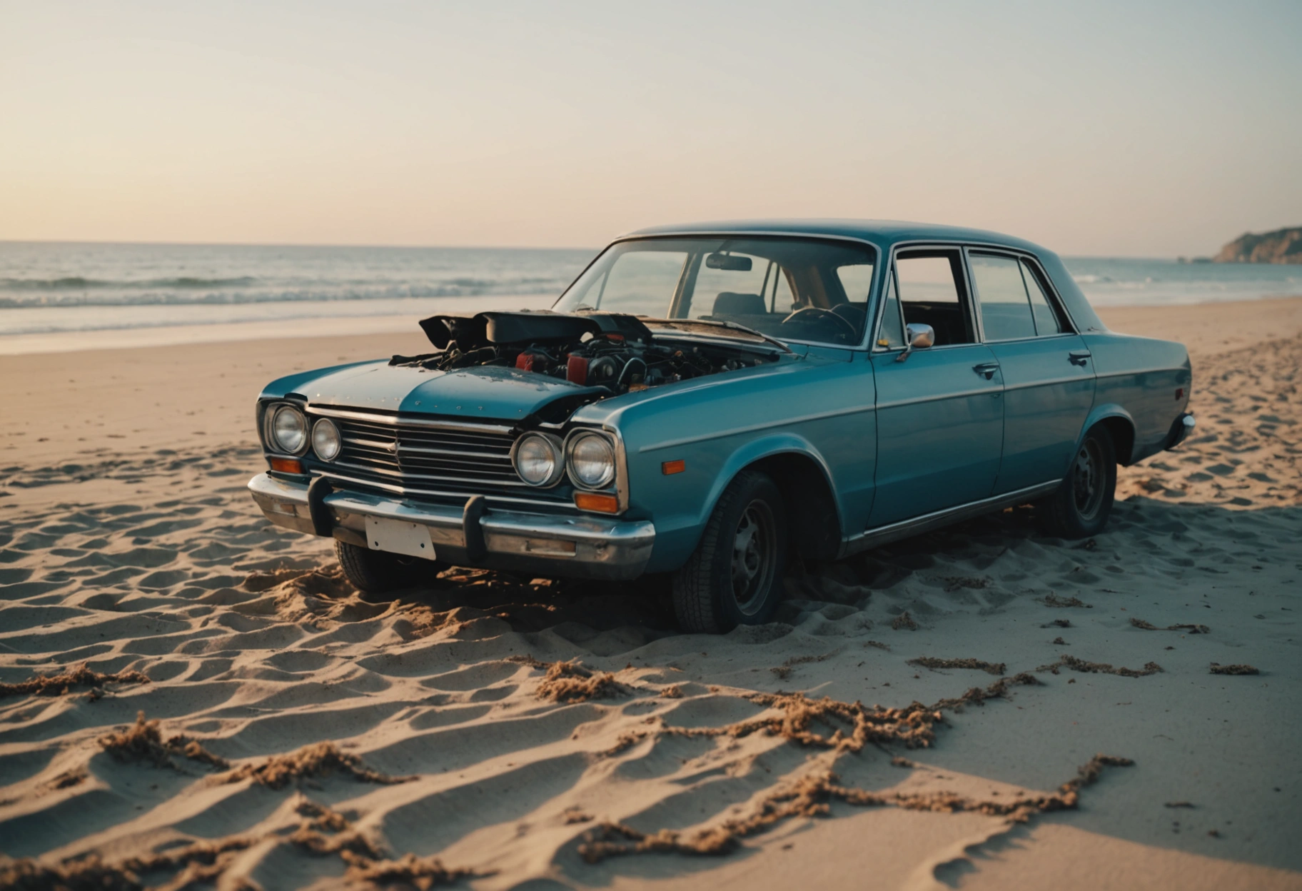 A peaceful coastal scene at dawn where a vehicle is parked on a sandy beach, partially enveloped by gentle ocean waves. The car appears to be in the process of disassembly, with parts