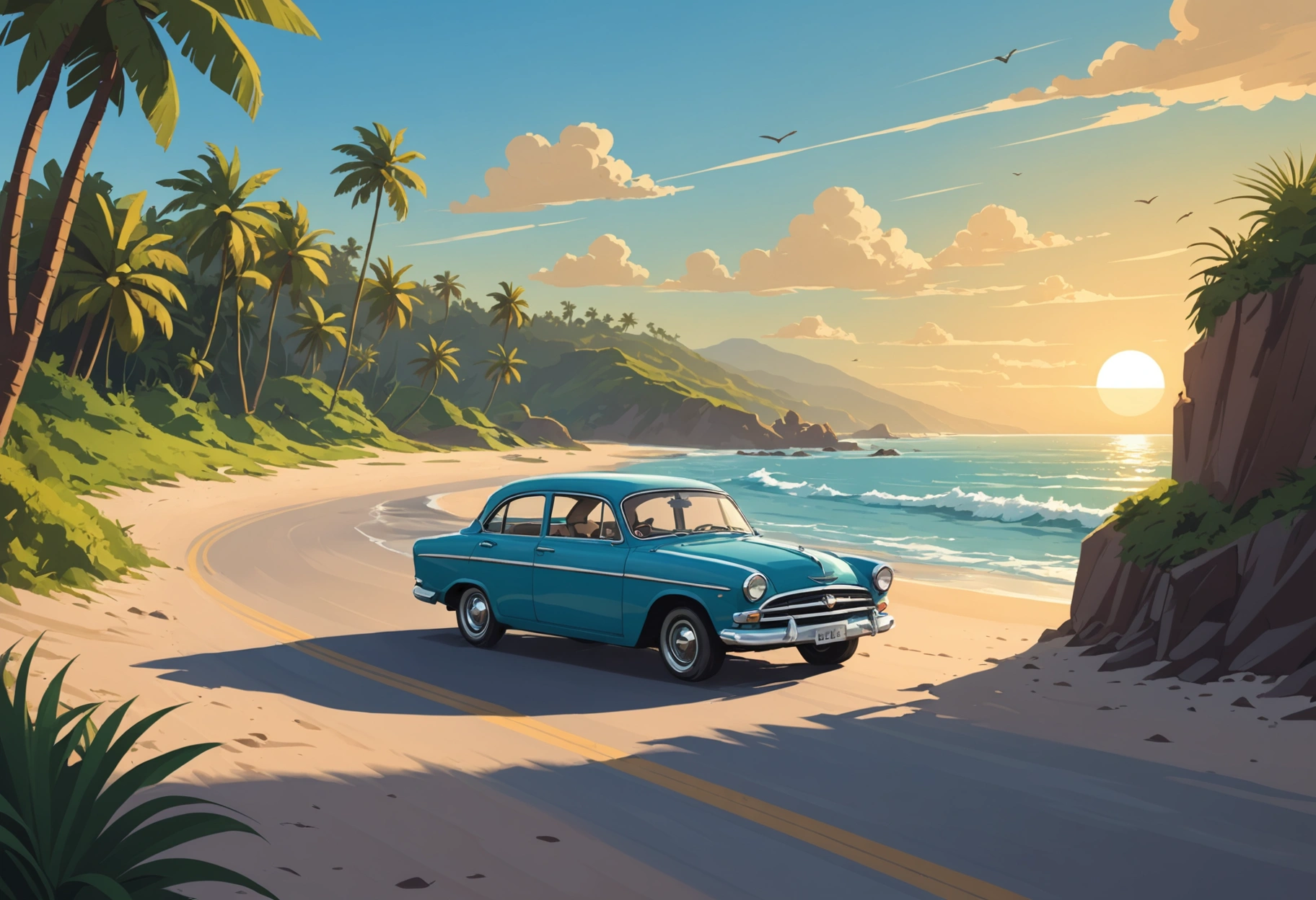 A peaceful coastal scene with the silhouette of a car driving along a sunlit beach road, waves gently lapping at the shore, evoking a sense of safety and reliability that comes from expert auto body repair services, making it a smooth journey through life's unpredictable terrains. Do not include any text, writing, letters, or words in the image.