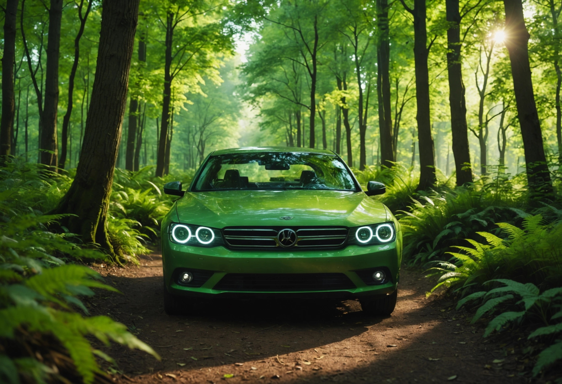 A peaceful, lush green forest with abstract, glowing lines of energy connecting trees and forming the shape of a car. The energy lines represent the evolution and impact of diagnostic tools, flowing through the environment. The morning sun filters through the leaves, casting a warm, serene glow. Do not include any text, writing, letters, or words in the image.