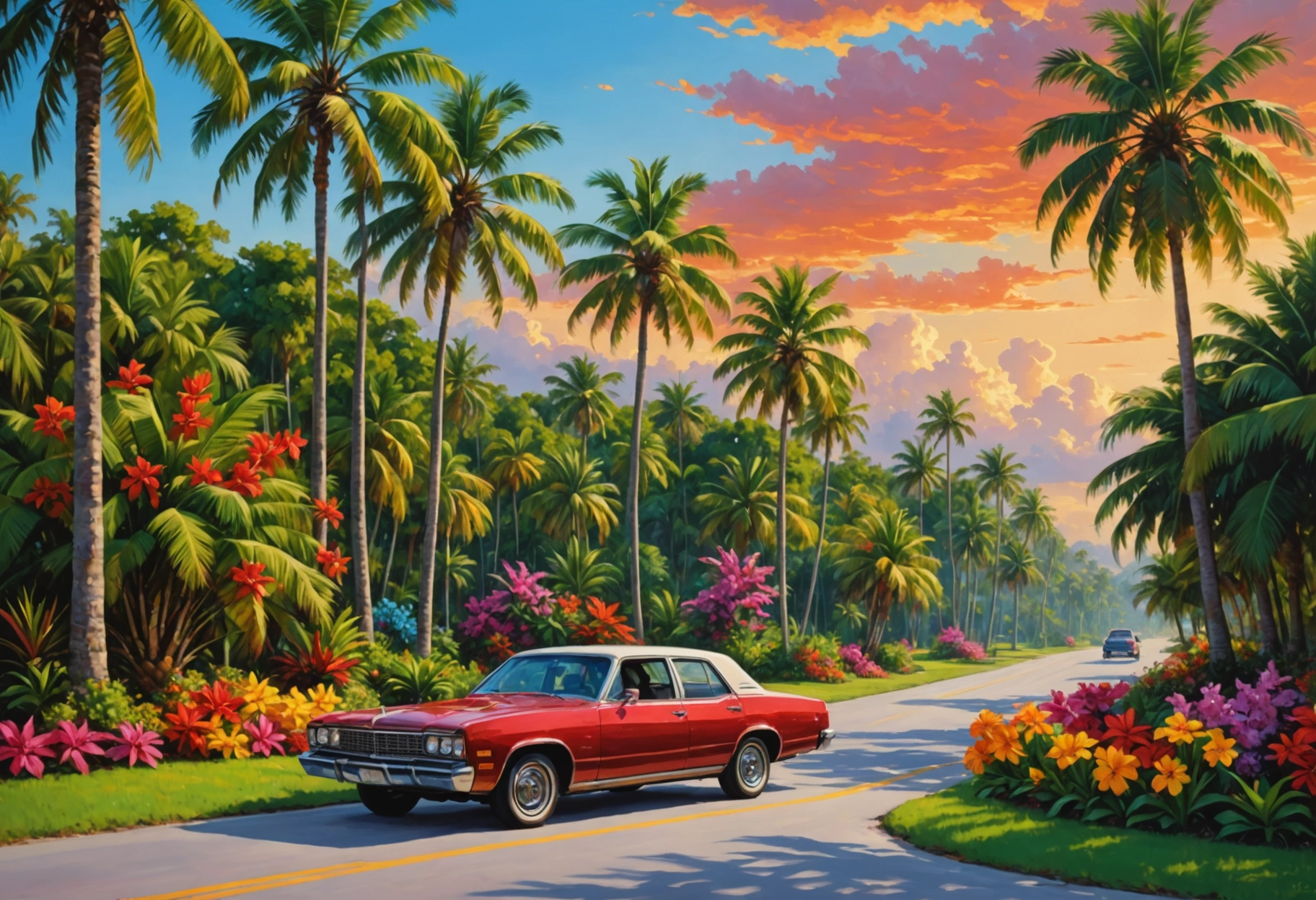 A serene and lush tropical landscape, with a lone car parked amid tall palm trees and colorful flowers, its glossy paint reflecting the vibrant colors of nature, symbolizing the harmony between durable car paint protection and the natural beauty of Florida. Do not include any text, writing, letters, or words in the image.