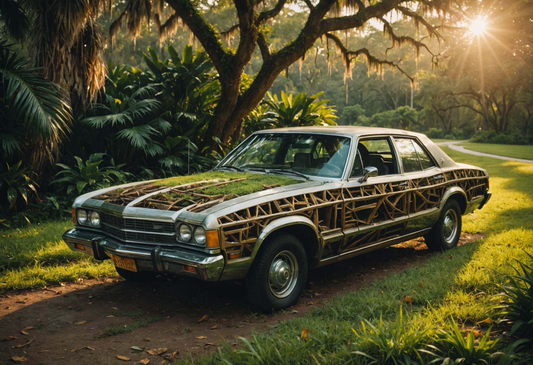 A serene, minimalist outdoor setting with a vehicle on a grassy hill, surrounded by lush Florida foliage. The car, half-disassembled, reveals an intricate network of nature-inspired patterns within its structure, symbolizing a deep connection between technology and the environment. The scene is bathed in warm, golden sunlight, creating an atmosphere of peace and renewal. Do not include any text, writing, letters, or words in the image.