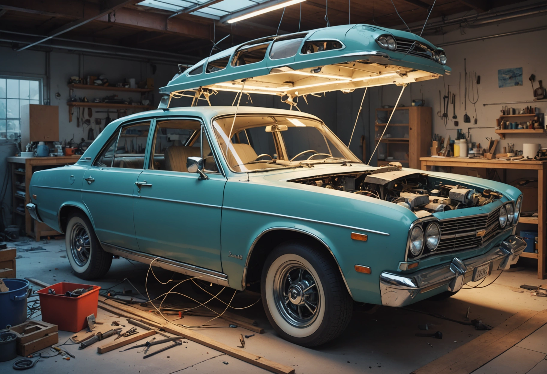 A surreal and imaginative depiction of a car's "soul" being repaired, visualized as glowing, abstract shapes and interconnected lines floating above the vehicle frame. These ethereal elements are being carefully attended to by a master craftsman who symbolizes the spirit of expert repair. The image is set against an endless, dark background with visible stars, suggesting an infinite journey of restoration and renewal. Do not include any text, writing, letters, or words in the image.