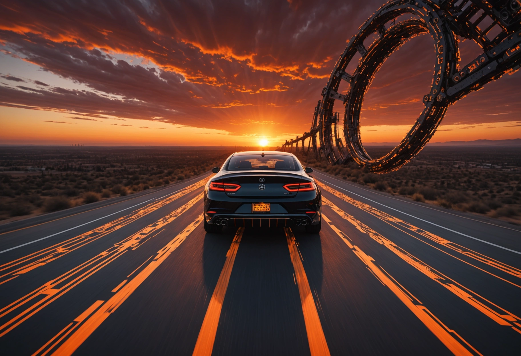 A surreal landscape where a winding road transitions into a digital highway of connected binary code. At the horizon, a giant, transparent car silhouette is filled with intricate circuits and gears, symbolizing the integration of technology into collision repair. The sky above is a deep, dramatic sunset of orange and red. Do not include any text, writing, letters, or words in the image.