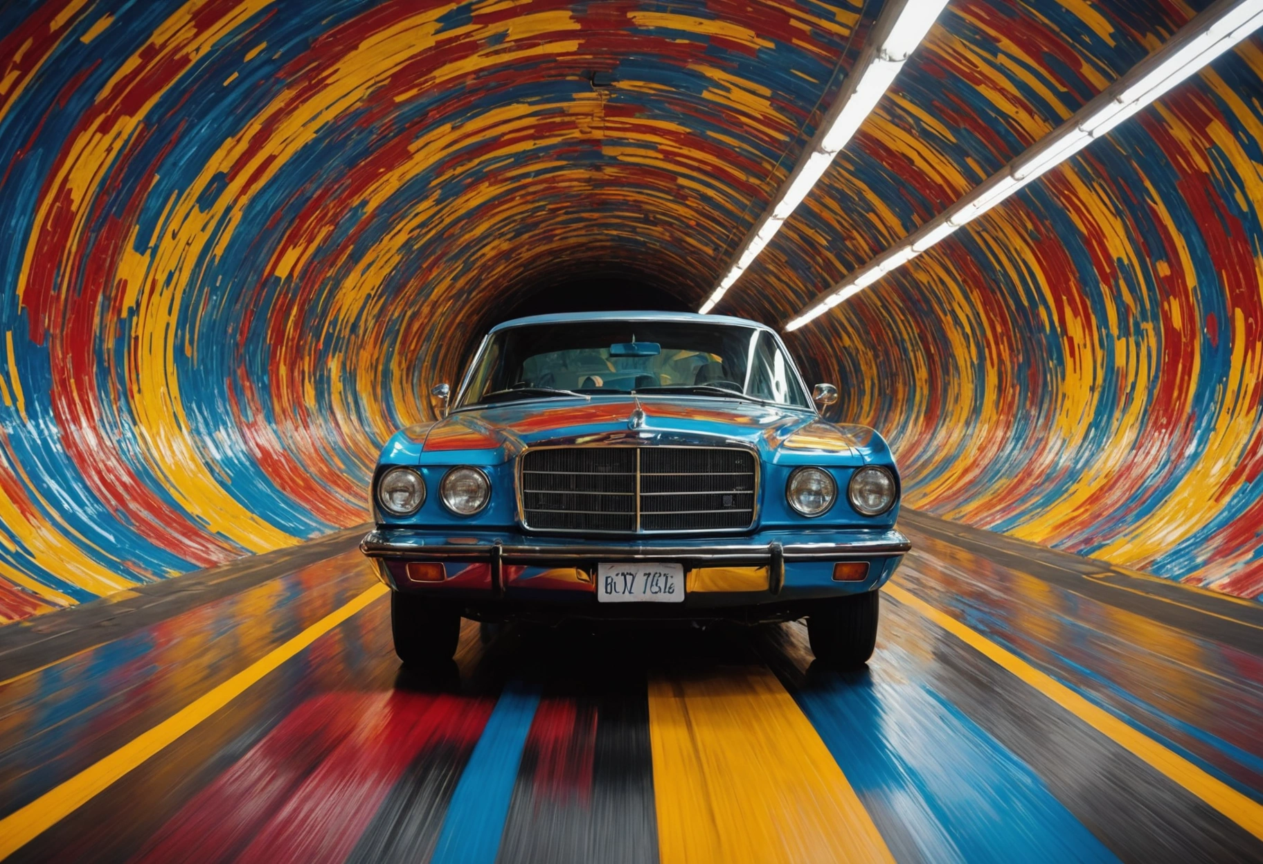 A surreal vision of a vehicle traveling through a tunnel of swirling abstract colors and patterns, symbolizing the journey of long-term maintenance and the continuous process of keeping a car in pristine condition, highlighting how auto repair can guide through constant change and challenges. Do not include any text, writing, letters, or words in the image.