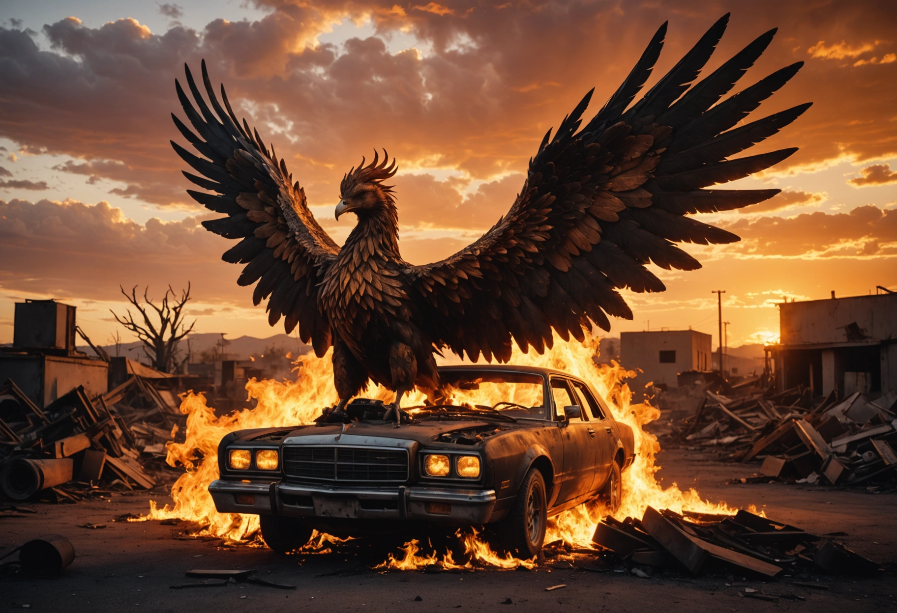 A symbolic artwork depicting a majestic phoenix rising from the ashes, with auto parts subtly integrated into its body, representing the transformation and rebirth of a vehicle after repair. The background is a dramatic, fiery sunset, emphasizing themes of renewal and resilience. Do not include any text, writing, letters, or words in the image.