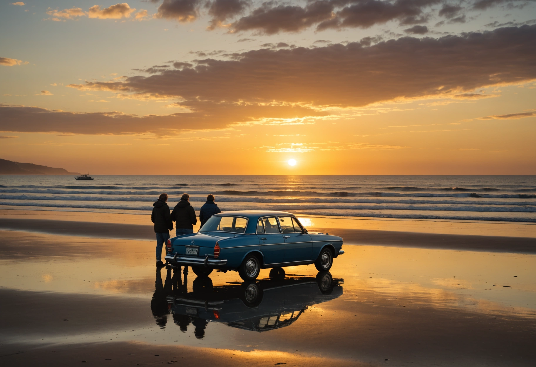 A tranquil coastal scene where a family is happily examining their newly repaired car. The car gleams under the golden sunset, reflecting the serene ocean waves. The mood is peaceful and optimistic, capturing the renewed confidence in their journey ahead. Do not include any text, writing, letters, or words in the image.