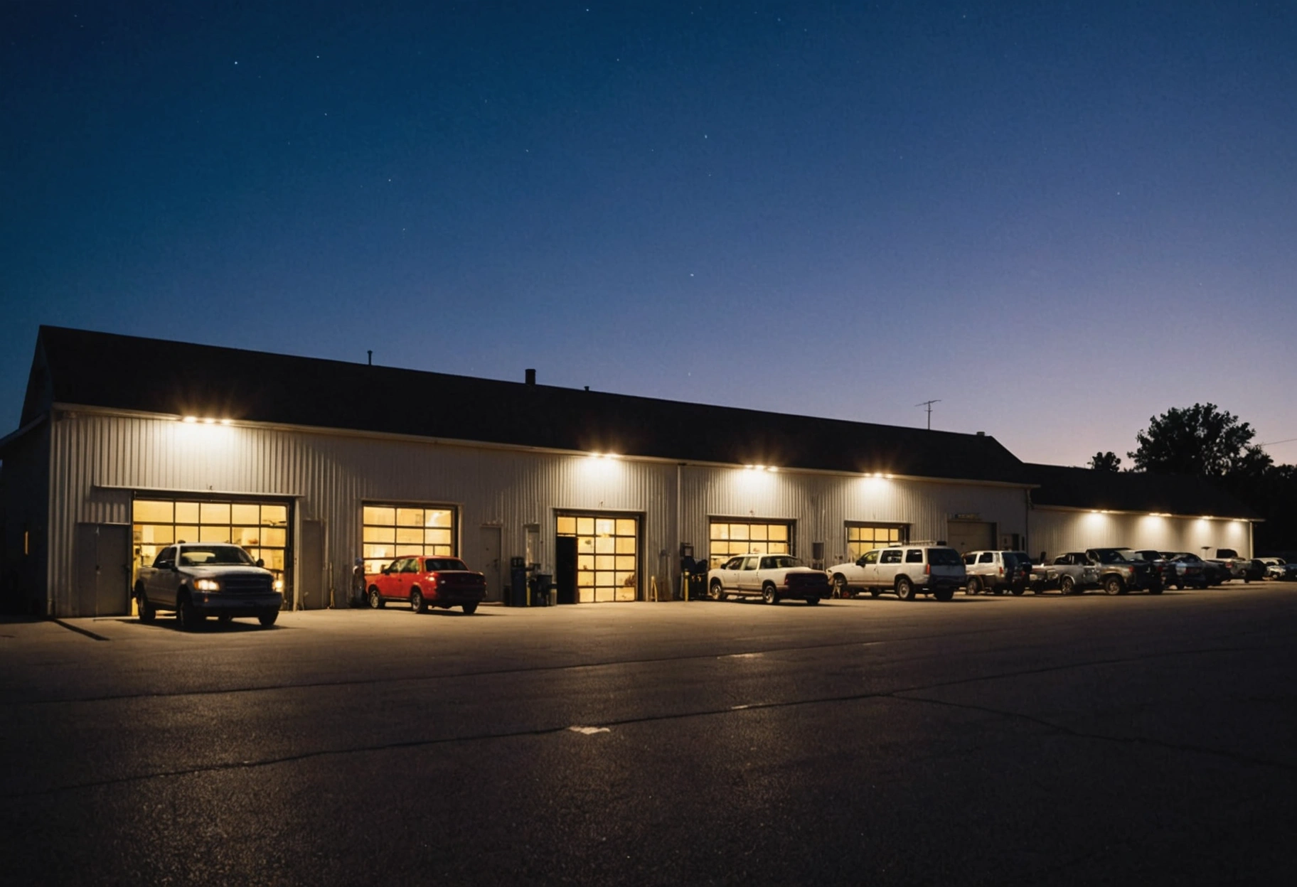 A tranquil nighttime scene of a small-town auto body shop, warmly lit from