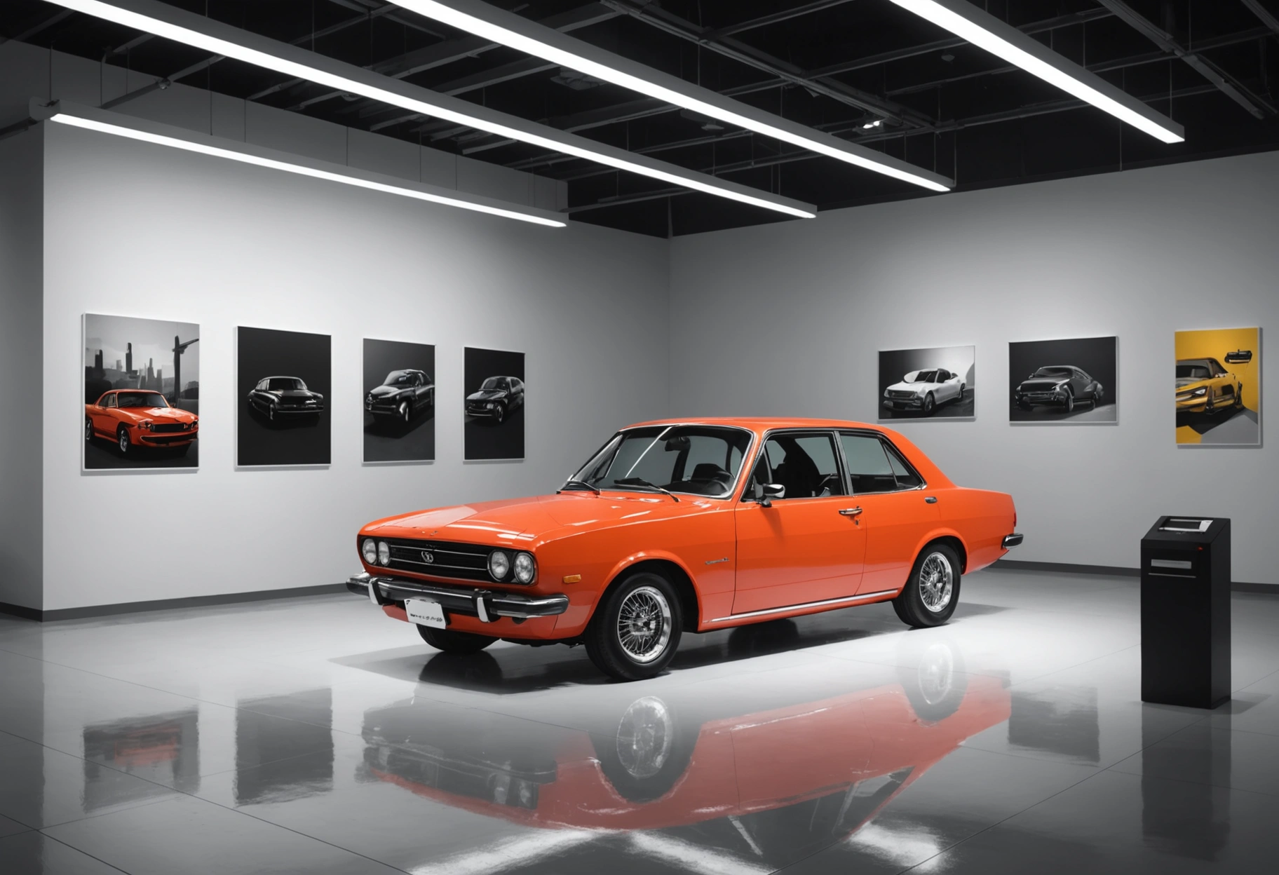 An abstract, minimalistic scene featuring a polished car part hanging in a museum-like space, surrounded by soft spotlighting. The exhibit symbolizes the artistry and craftsmanship involved in auto body repair, with visitors admiring the piece from different angles in a quiet, reverent atmosphere. Do not include any text, writing, letters, or words in the image.