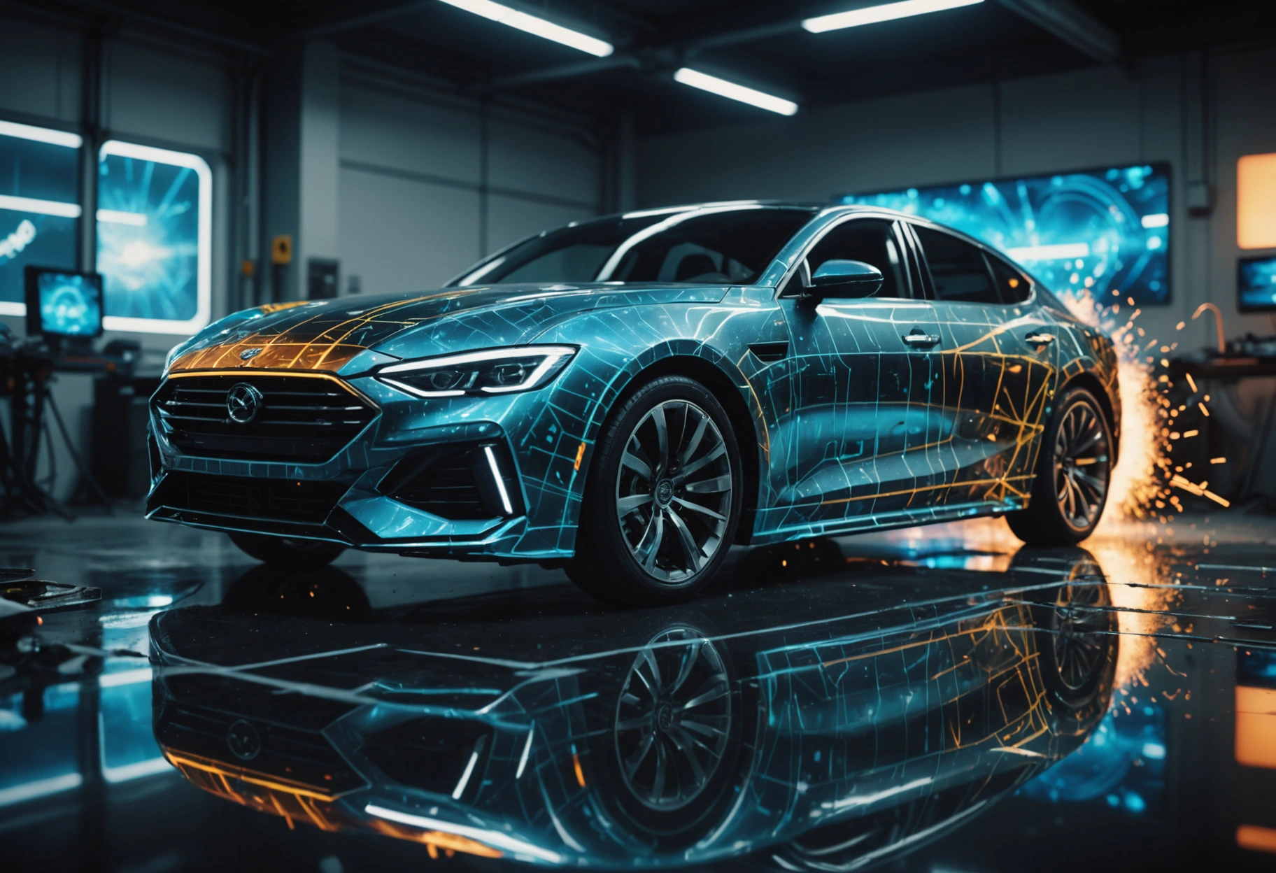 An energetic and imaginative composition featuring an array of digital holograms and futuristic elements, illustrating the concept of personalized professional collision repair, with abstract elements representing various parts of a car being restored and enhanced within a virtual environment. Do not include any text, writing, letters, or words in the image.