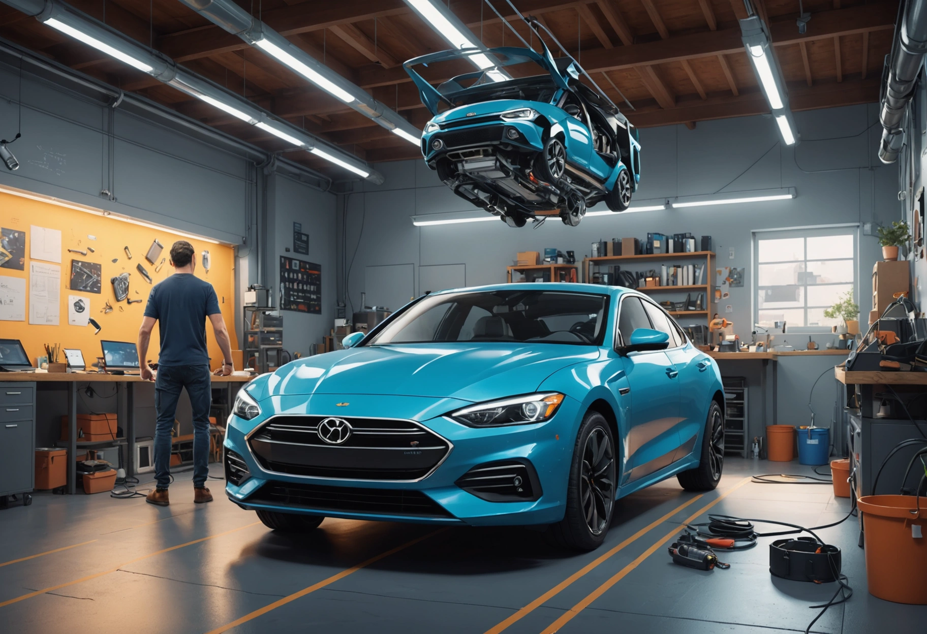 An energetic, dynamic image of a car mid-repair using virtual reality technology. The mechanic, wearing a VR headset, interacts with a 3D model of the vehicle floating above a sleek, high-tech workbench. The workshop is filled with motion trails of light and movement, reflecting the fast-paced nature of innovation. Do not include any text, writing, letters, or words in the image.