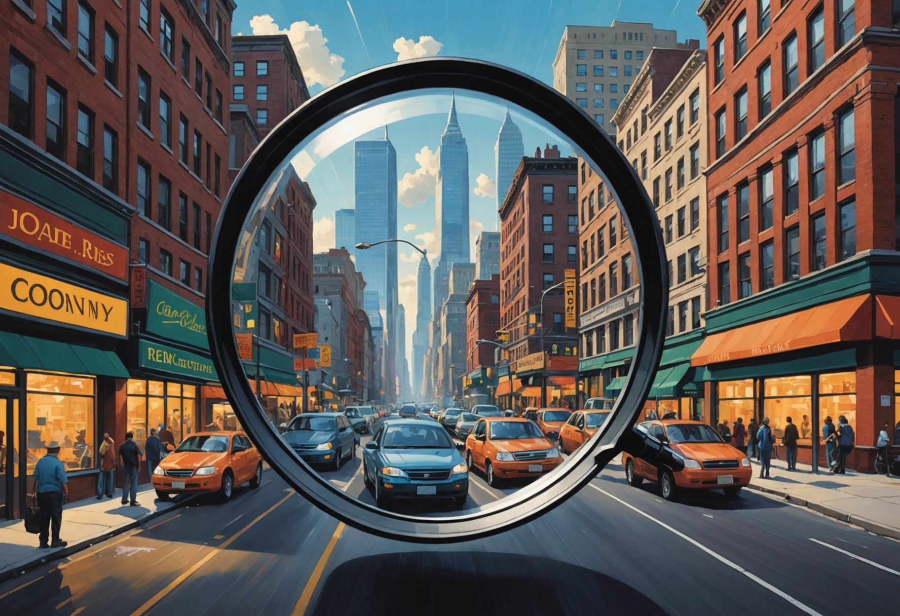 An imaginative illustration showcasing a giant magnifying glass over a bustling city street, focusing on a small auto body shop. Inside the lens, skilled technicians work meticulously beneath bright, efficient lighting, symbolizing thoroughness and attention to detail amidst the urban chaos. Do not include any text, writing, letters, or words in the image.