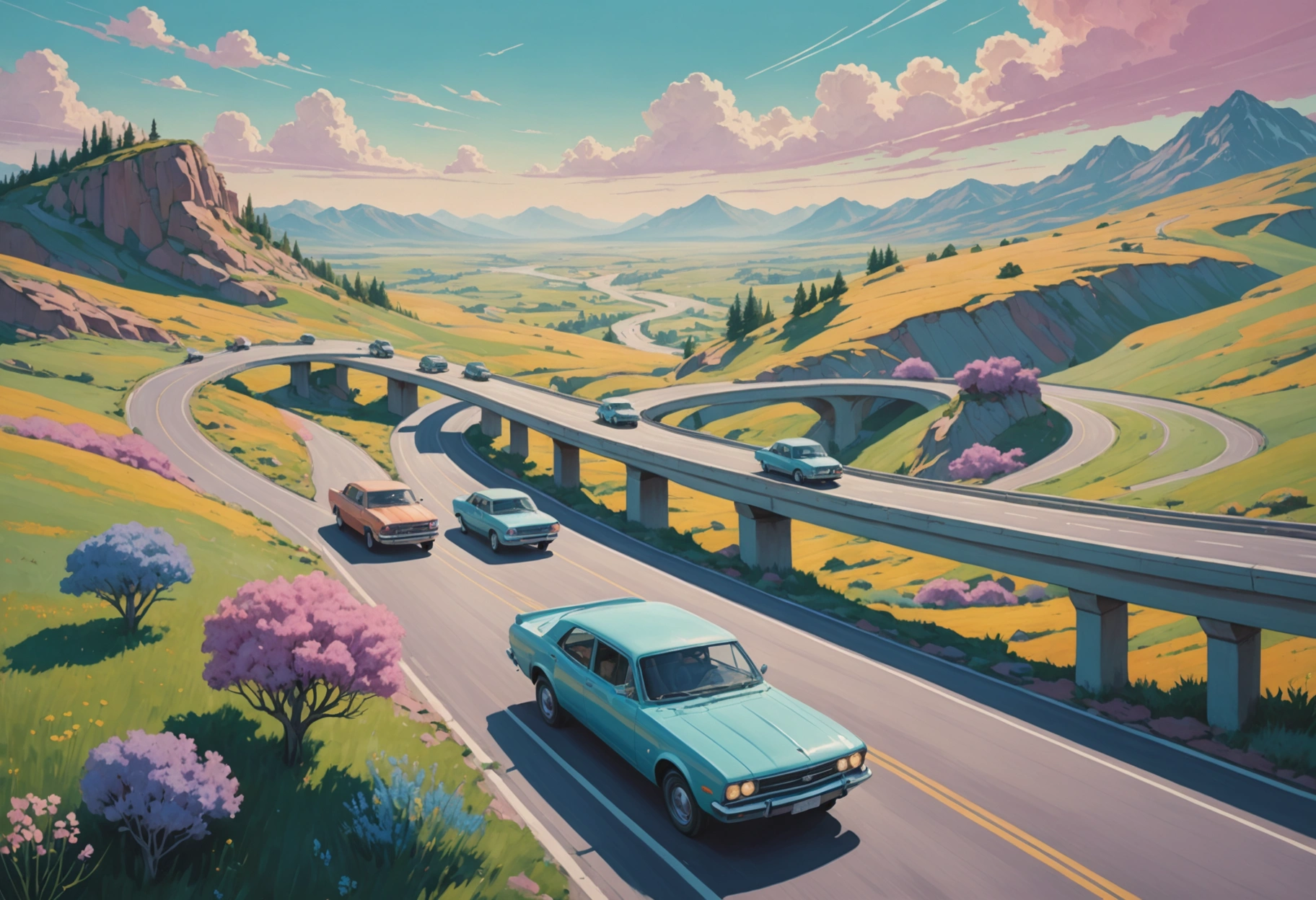 **Prompt:** A surreal, dreamlike landscape where vehicles are depicted as semi-transparent, floating above a winding road. The road symbolizes the path of understanding and empowerment in tackling the auto repair process. The scene is visually engaging with a pastel color scheme, emphasizing a sense of calm and assurance. Do not include any text, writing, letters, or words in the image.