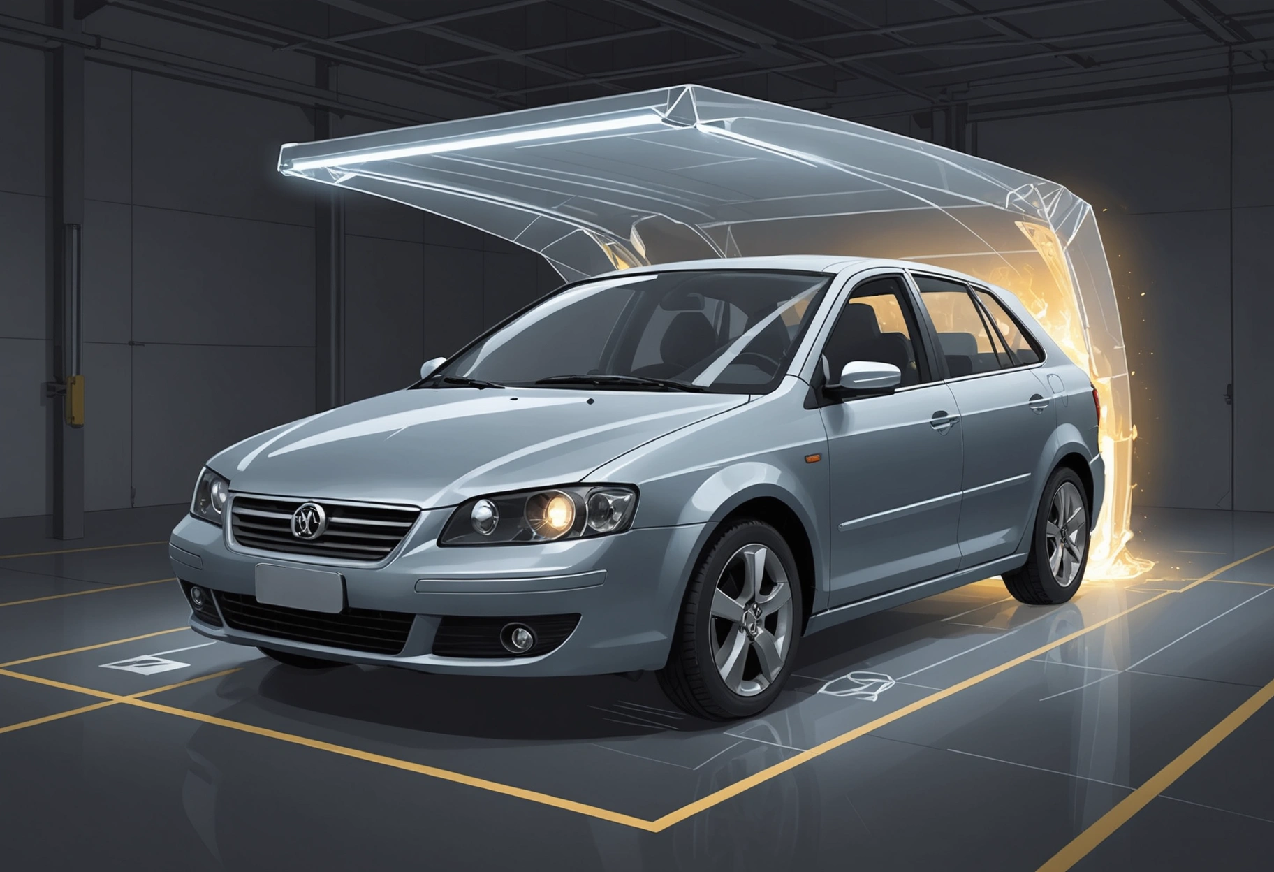 **Prompt:** A symbolic image of an empty car frame being enveloped by a protective, ethereal light, representing the initial steps after an accident. The light morphs into a shield, signifying safety and the beginning of the repair journey. The background is a minimalist, clean white space to focus on the transformative power of the repair process. Do not include any text, writing, letters, or words in the image.