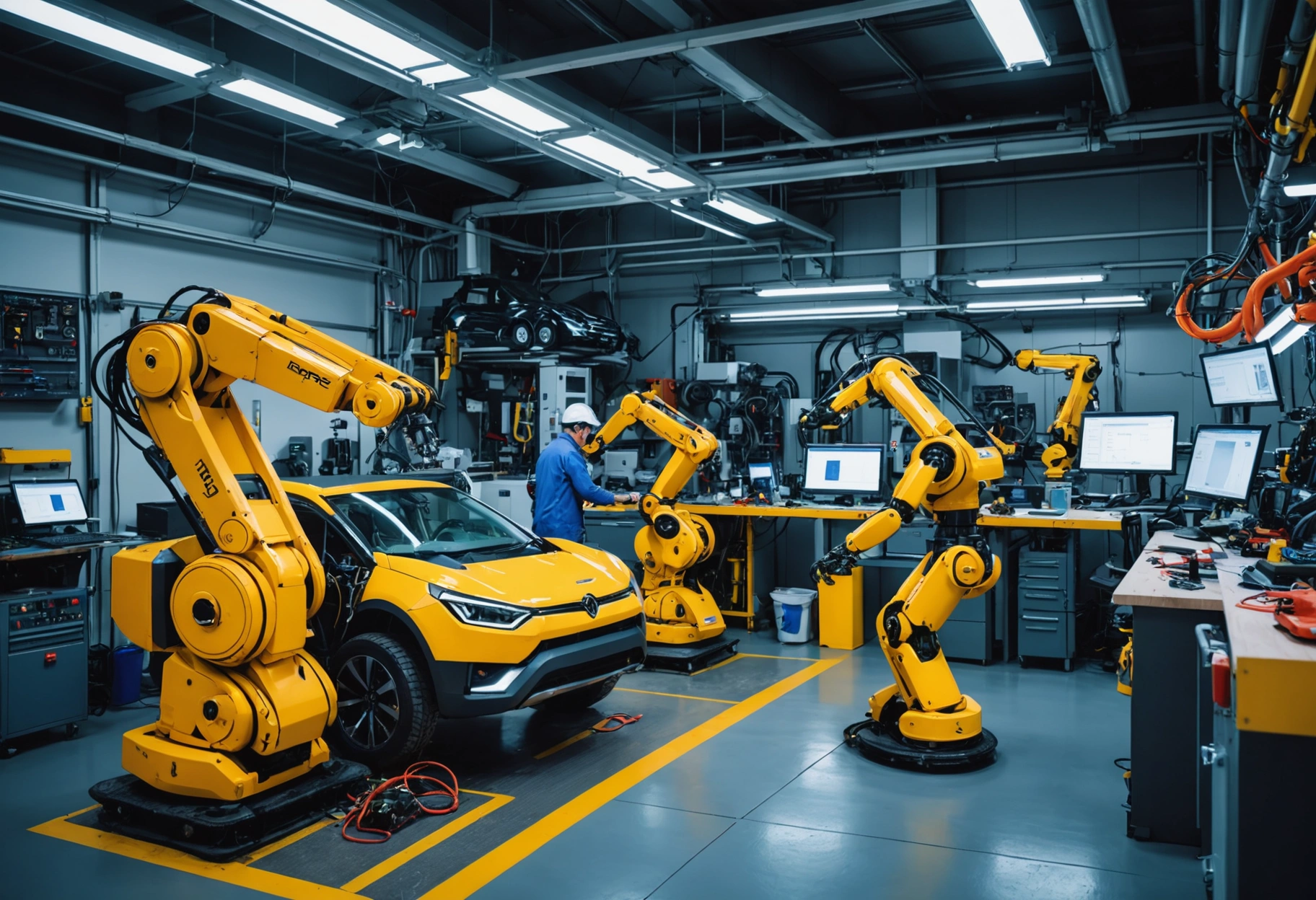 **Prompt:** A vibrant and dynamic illustration of a futuristic workshop where robots and skilled technicians collaboratively work on vehicles, symbolizing Direct Repair Programs (DRPs) and their benefits. The environment is sleek and high-tech, with a blend of human touch and AI precision, set in a vibrant palette of neon colors. Do not include any text, writing, letters, or words in the image.