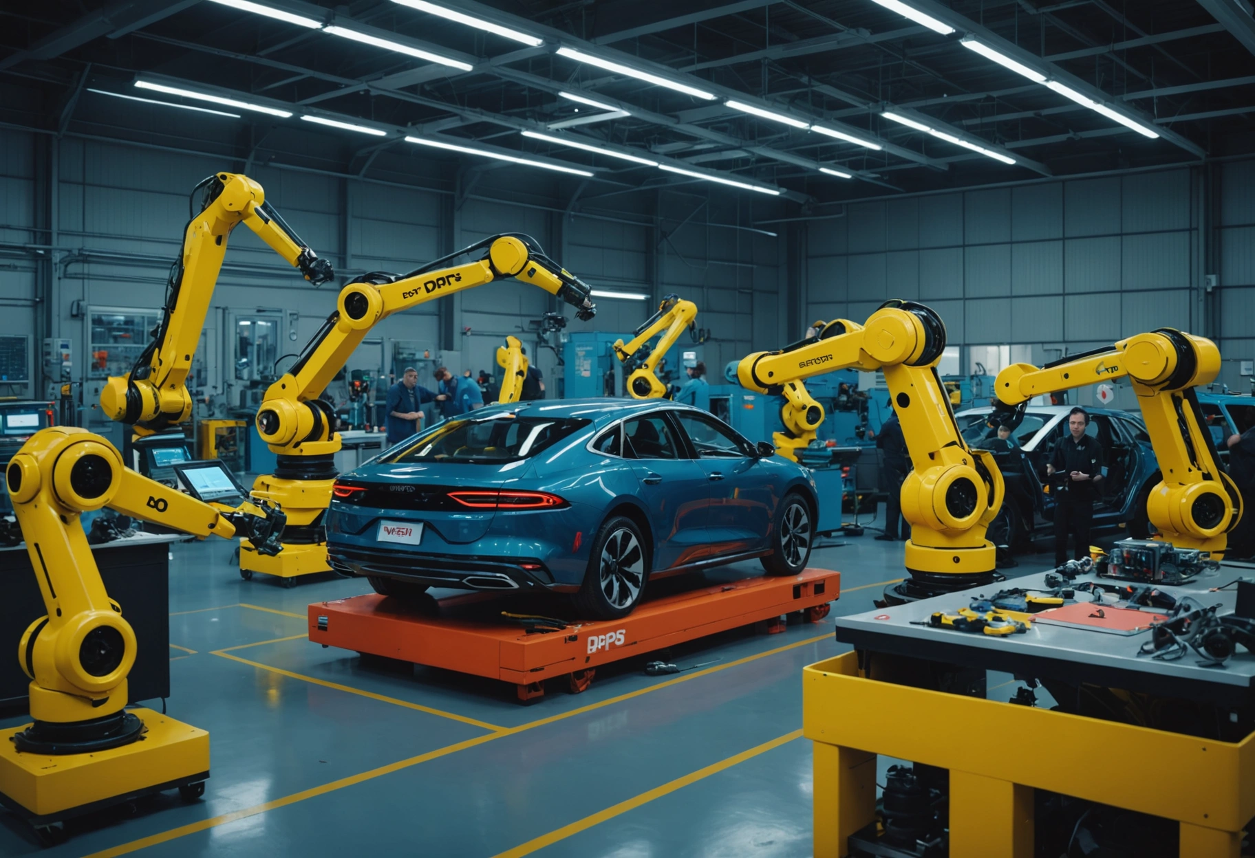 **Prompt:** A vibrant and dynamic illustration of a futuristic workshop where robots and skilled technicians collaboratively work on vehicles, symbolizing Direct Repair Programs (DRPs) and their benefits. The environment is sleek and high-tech, with a blend of human touch and AI precision, set in a vibrant palette of neon colors. Do not include any text, writing, letters, or words in the image.