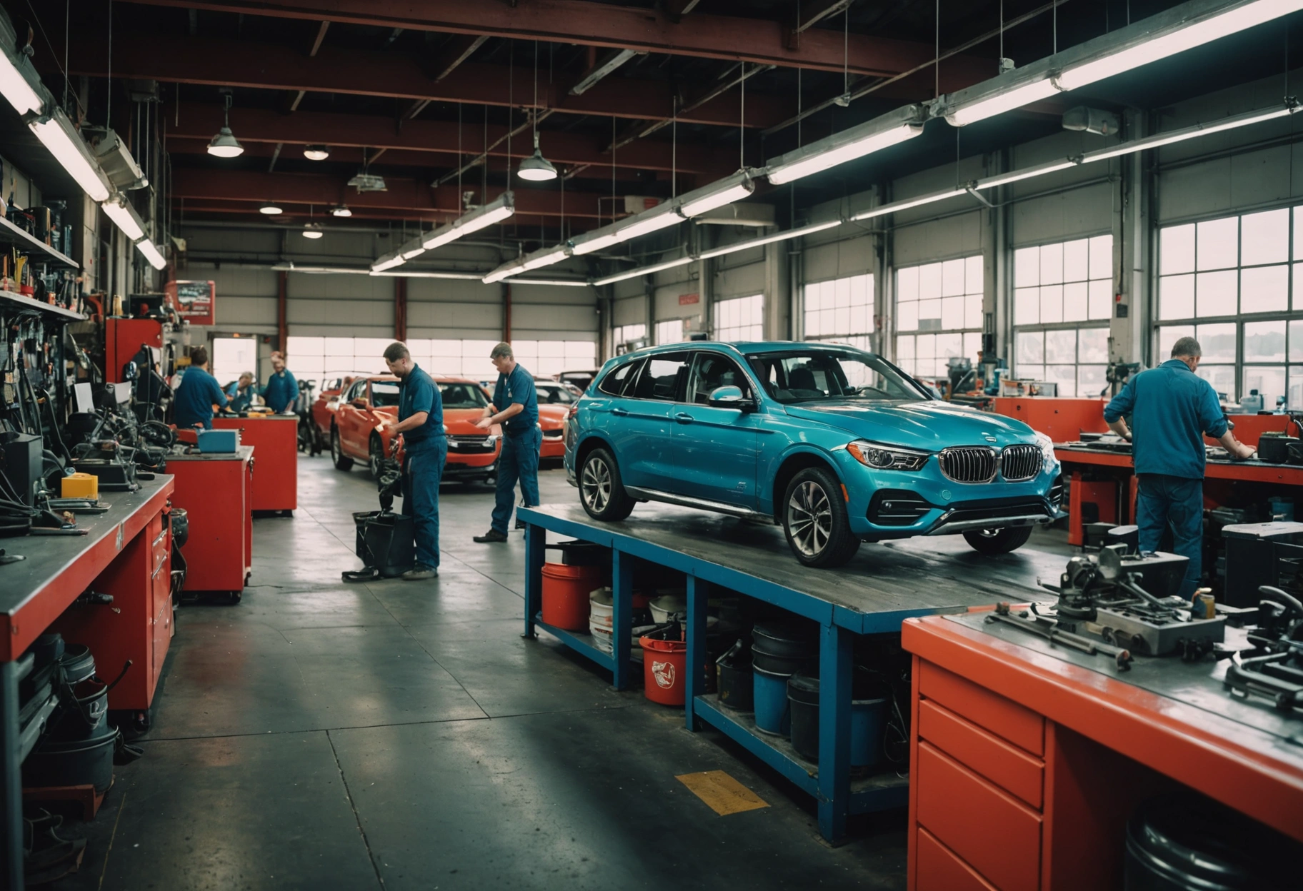 **Prompt:** An energetic and vibrant cityscape featuring a bustling auto body shop with transparent walls, allowing a view of expert mechanics working meticulously on a vehicle. The shop radiates a warm, welcoming glow, emphasizing a supportive and confident atmosphere for customers. The scene is buzzing with activity, highlighting community and craftsmanship. Do not include any text, writing, letters, or words in the image.