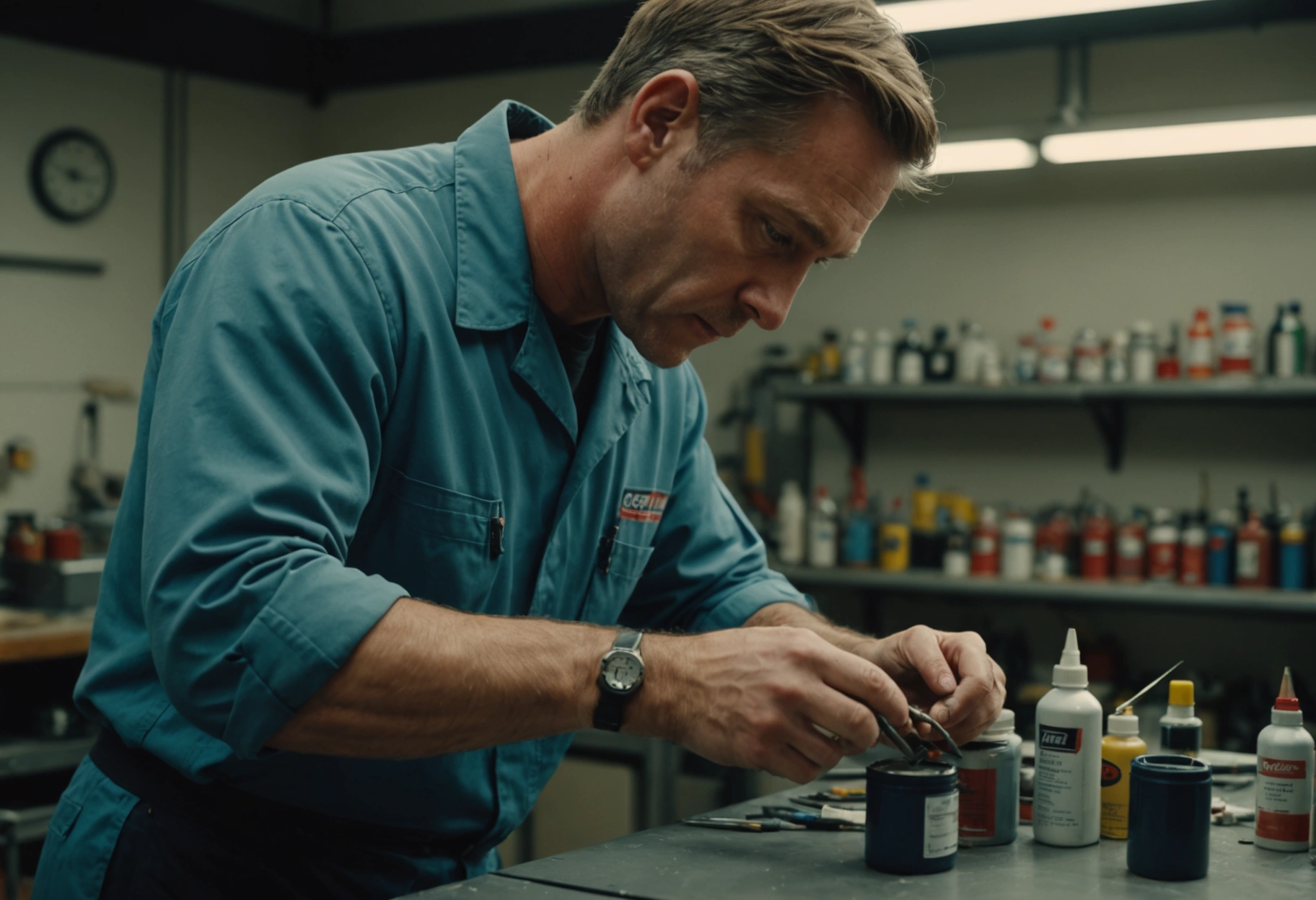 Technician blending touch-up paint on scratch, tools and paint bottles nearby