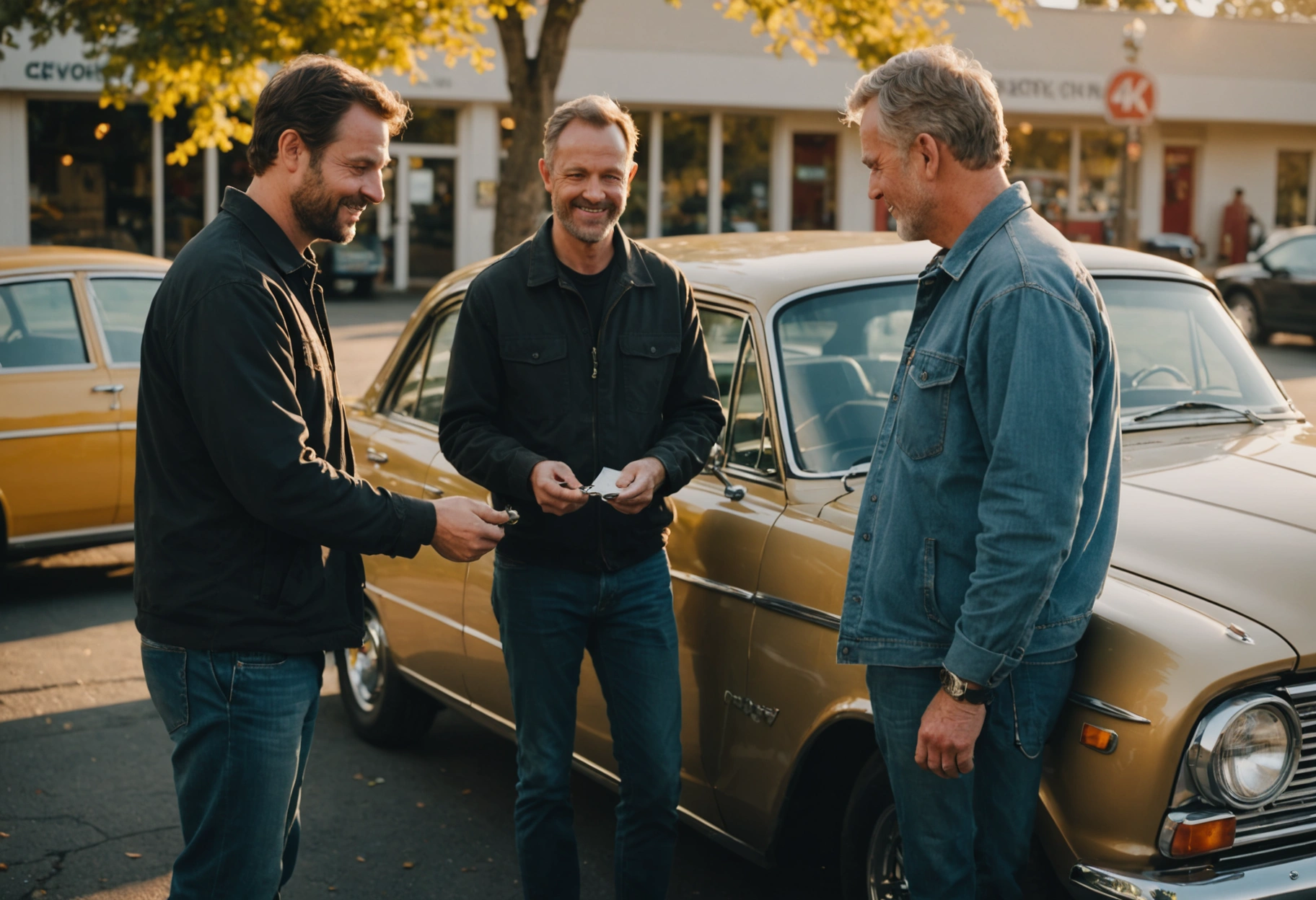 Customer receives keys from technician beside a fully restored car, expressing satisfaction and trust