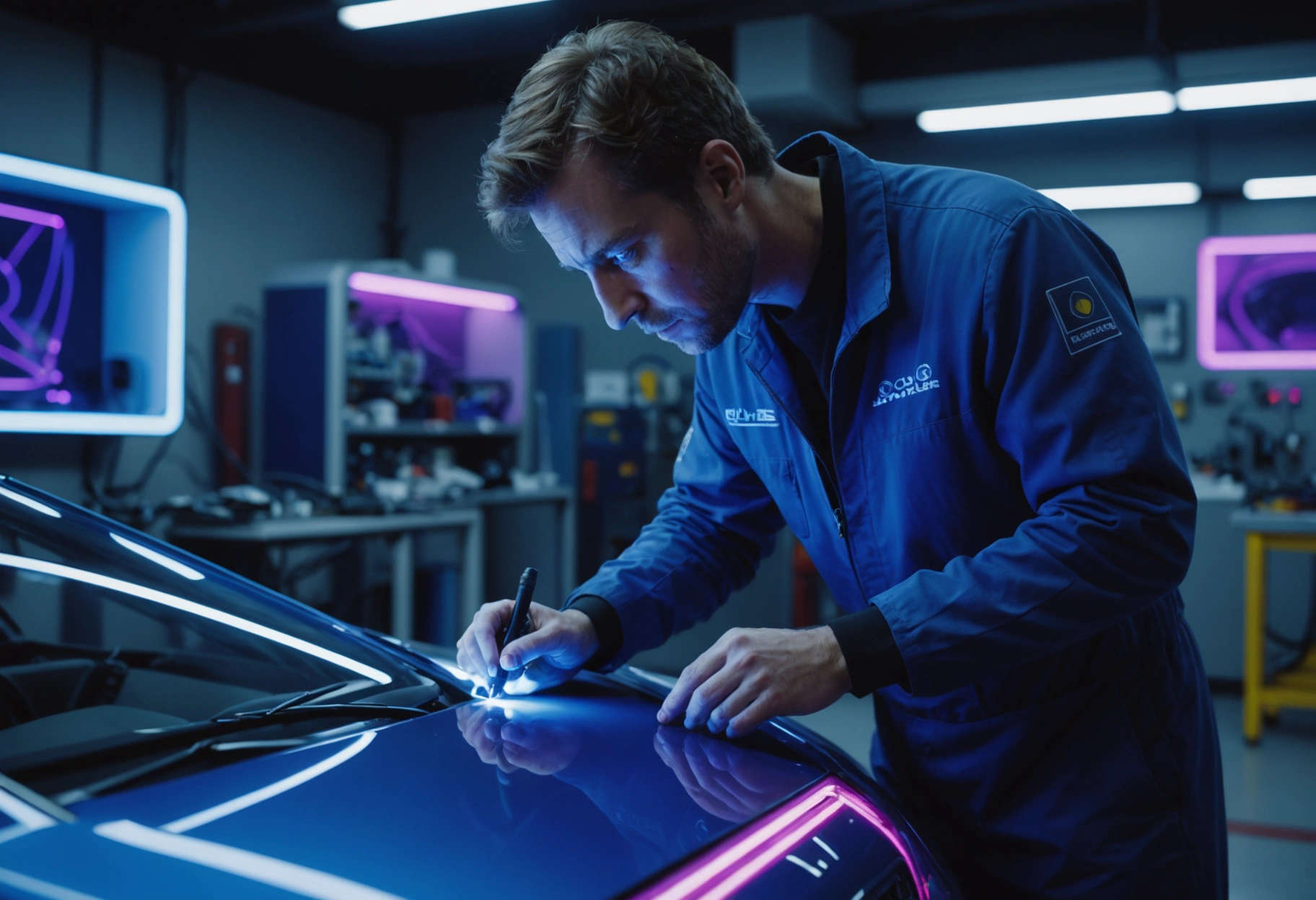 Technician curing clear coat on car panel with UV lamp in futuristic repair bay