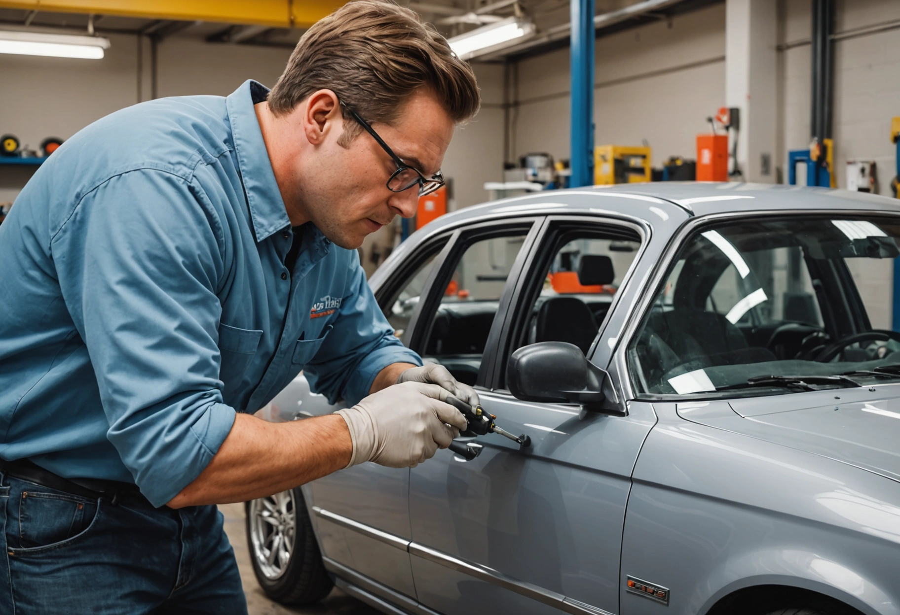 Technician applying grey primer to car door in clean shop with color-matching tools visible