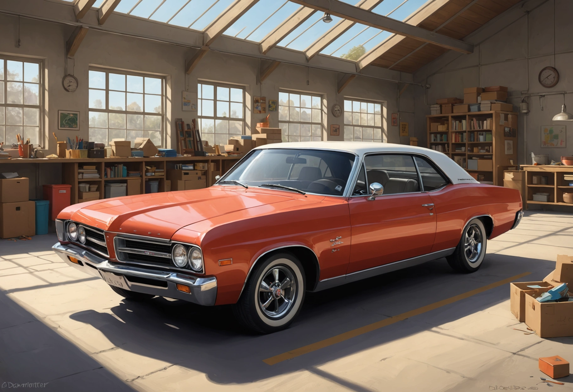 Refinished car parked in covered area, surrounded by cleaning supplies, sunlight highlighting glossy finish