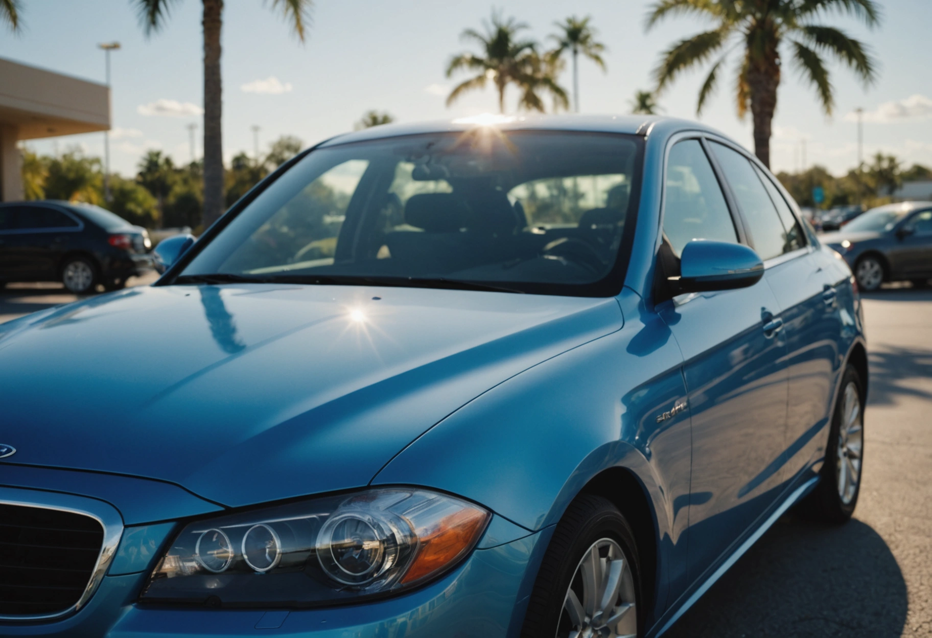 Shiny car in sunny parking lot, person buffing paint with microfiber cloth
