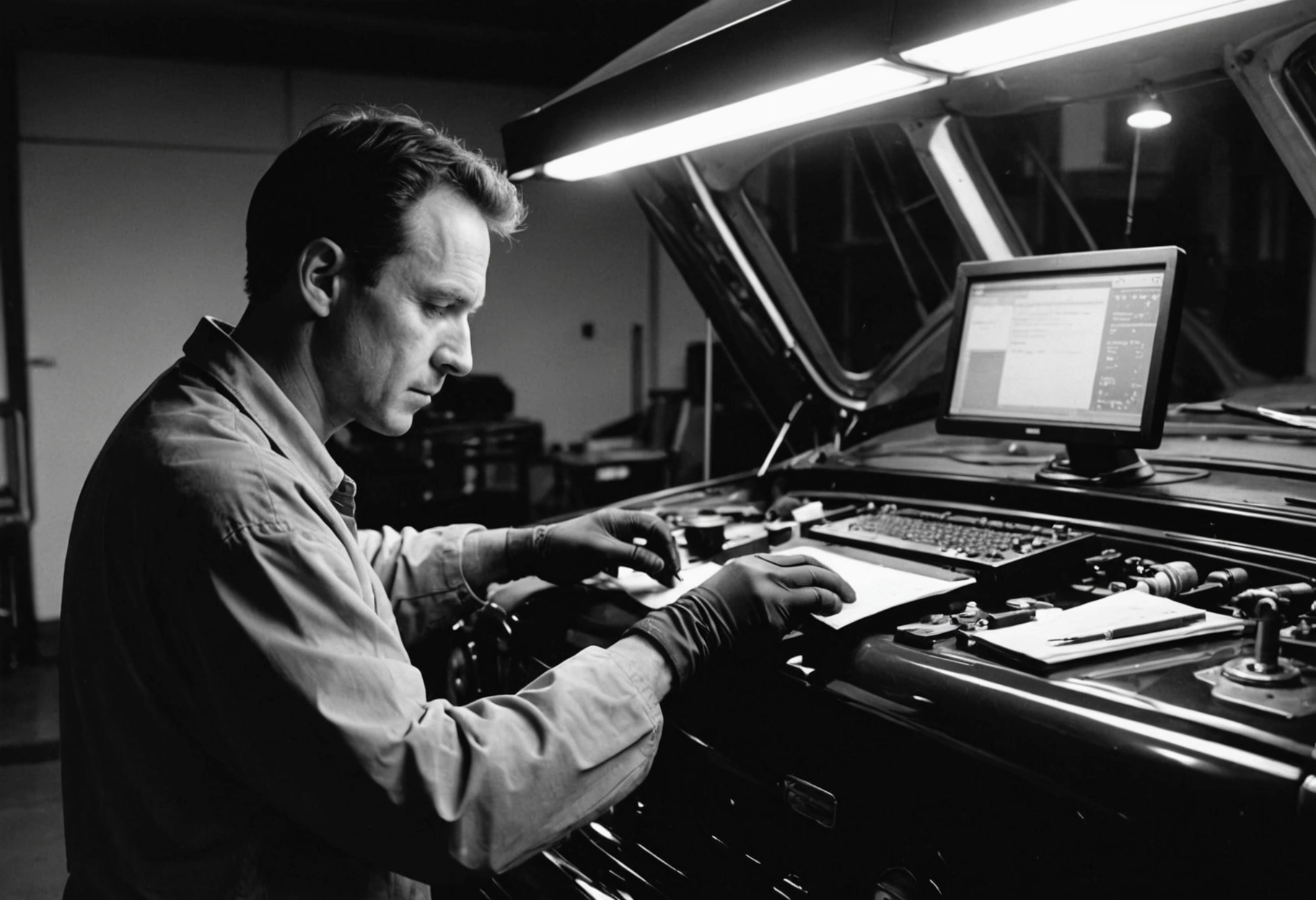 Technician inspects repaired car with checklist, ensuring flawless finish and precise alignment under lights