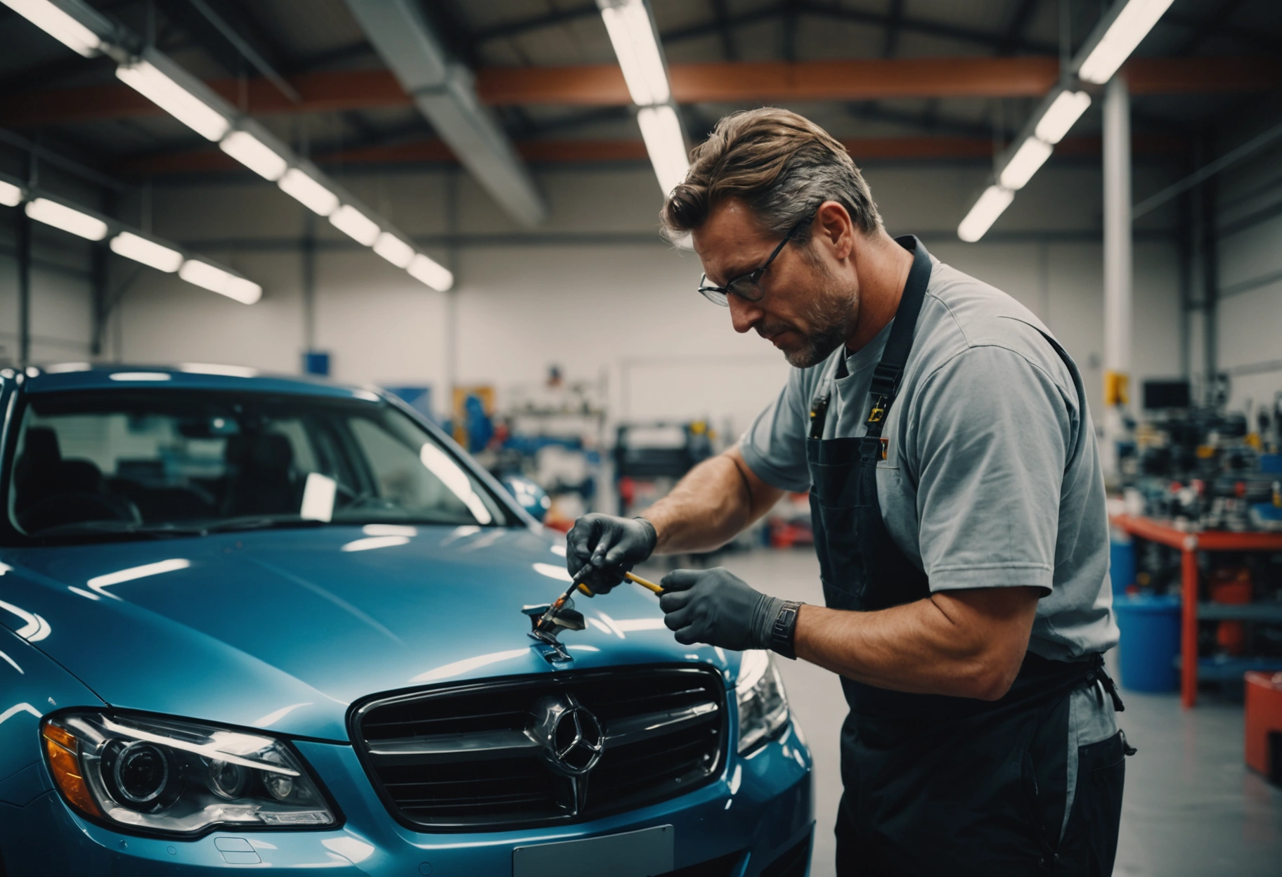 Paint technician applying finishing coat in modern shop with high-tech tools and preparation materials