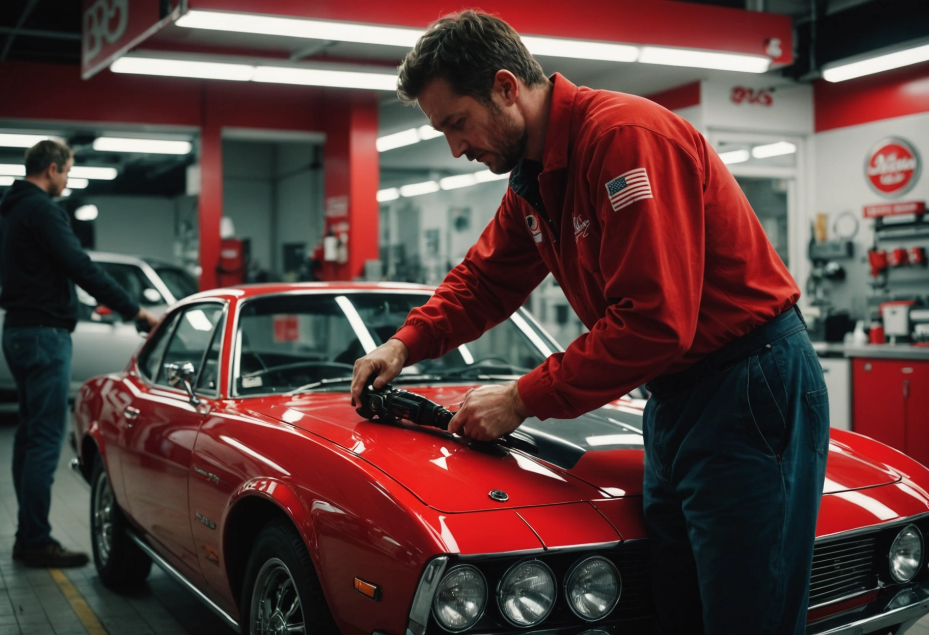 Auto detailer polishing scarlet car hood with buffer, highlighting glossy, mirror-like finish