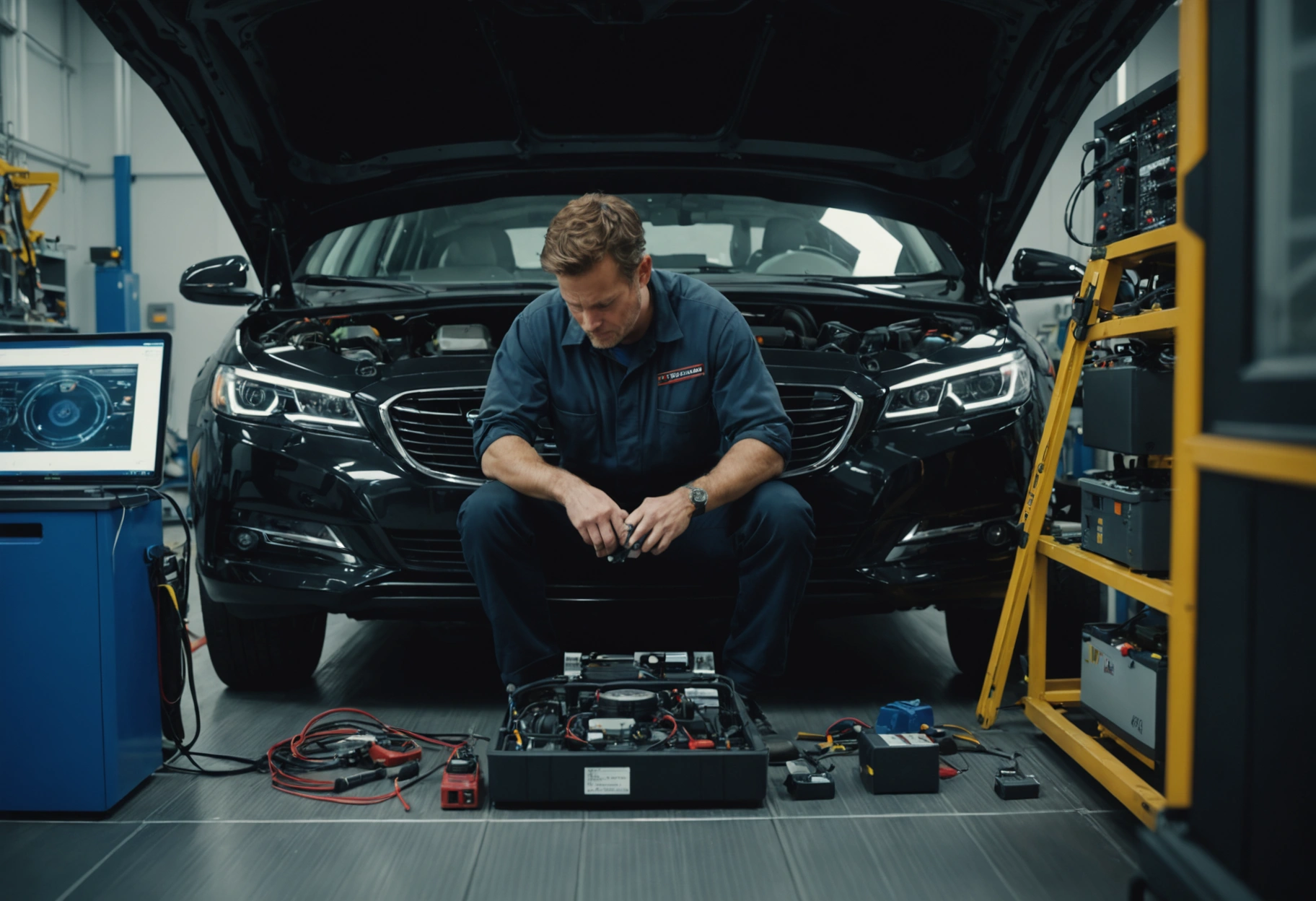 Technician recalibrates vehicle sensors near wheel assembly, using diagnostic tools for integrated repairs