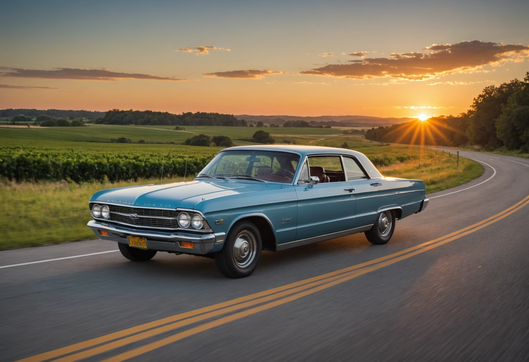 Capture a well-maintained car cruising down a scenic highway at sunset, exuding reliability and allure;