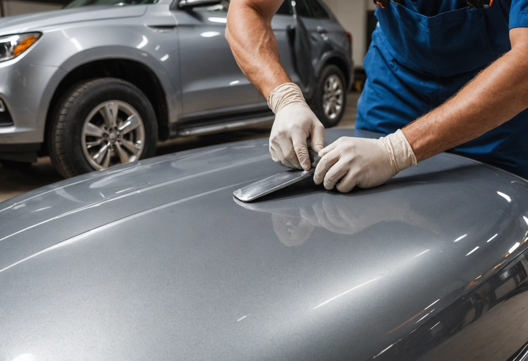 Auto body specialist smooths a car fender, repairing dents and applying filler for restoration