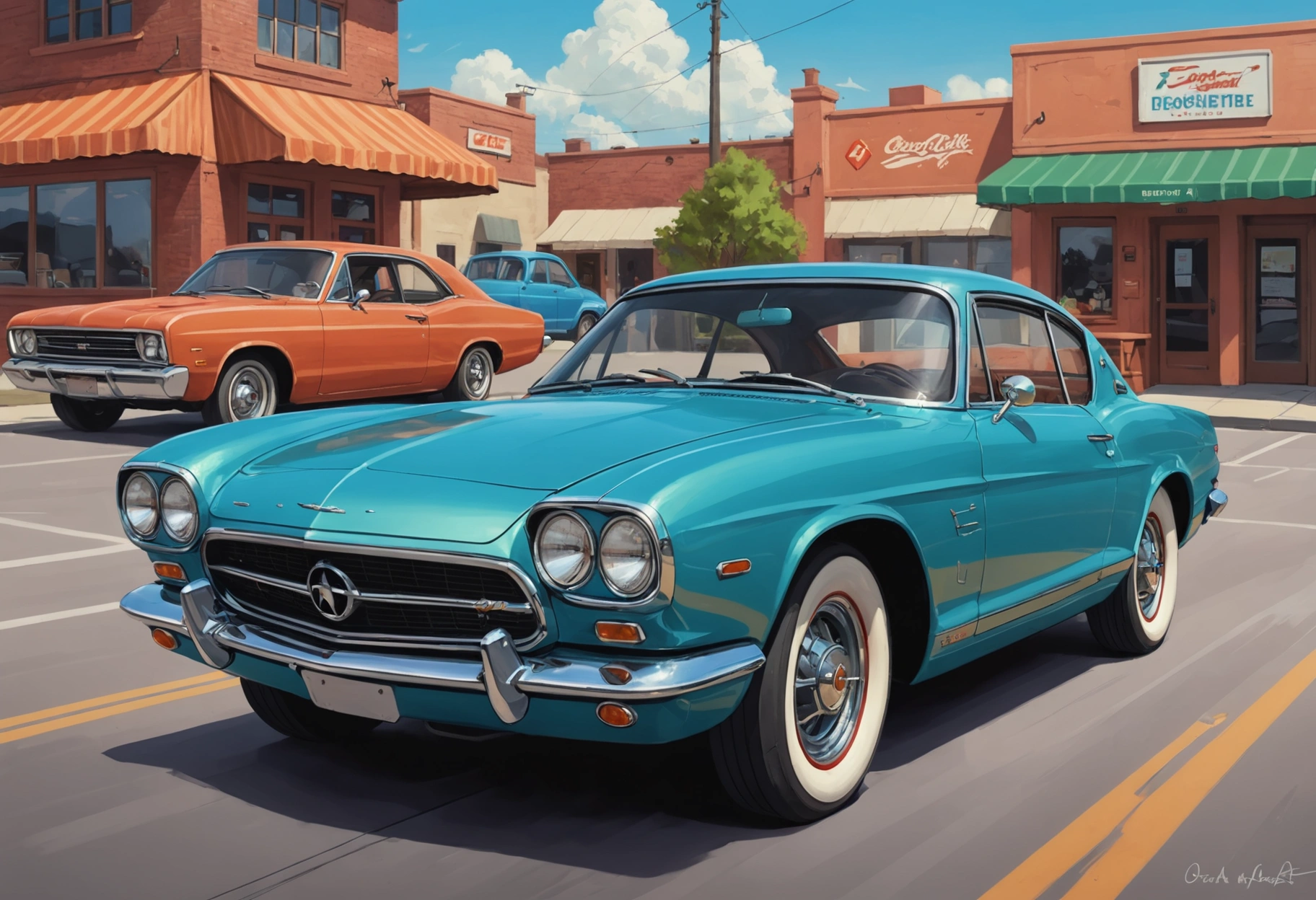 Depict a sleek car post-repair, glistening under a clear sky with a mechanic meticulously matching