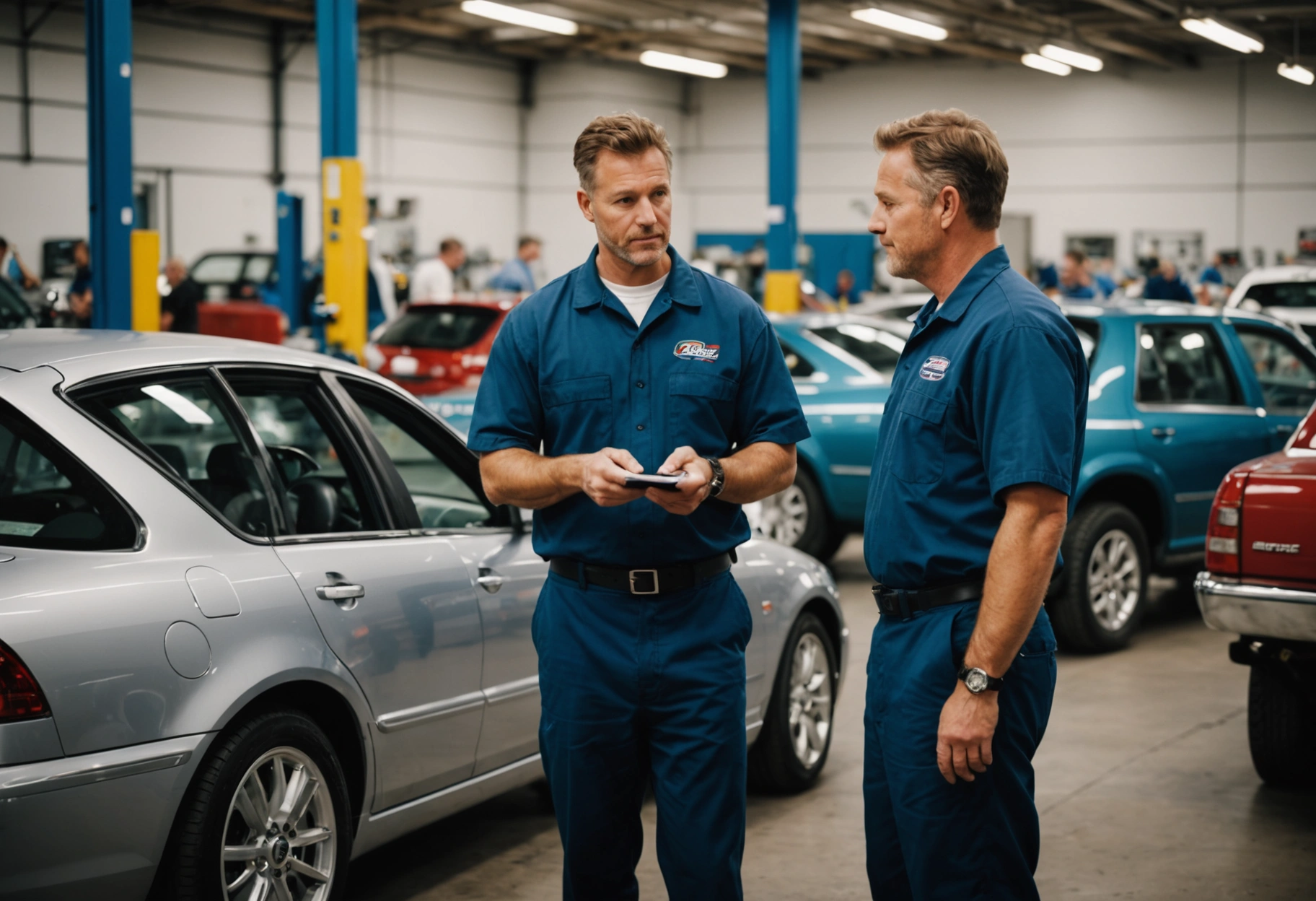 Present a bustling auto body shop adorned with certification logos from manufacturers and ASE; mechanics