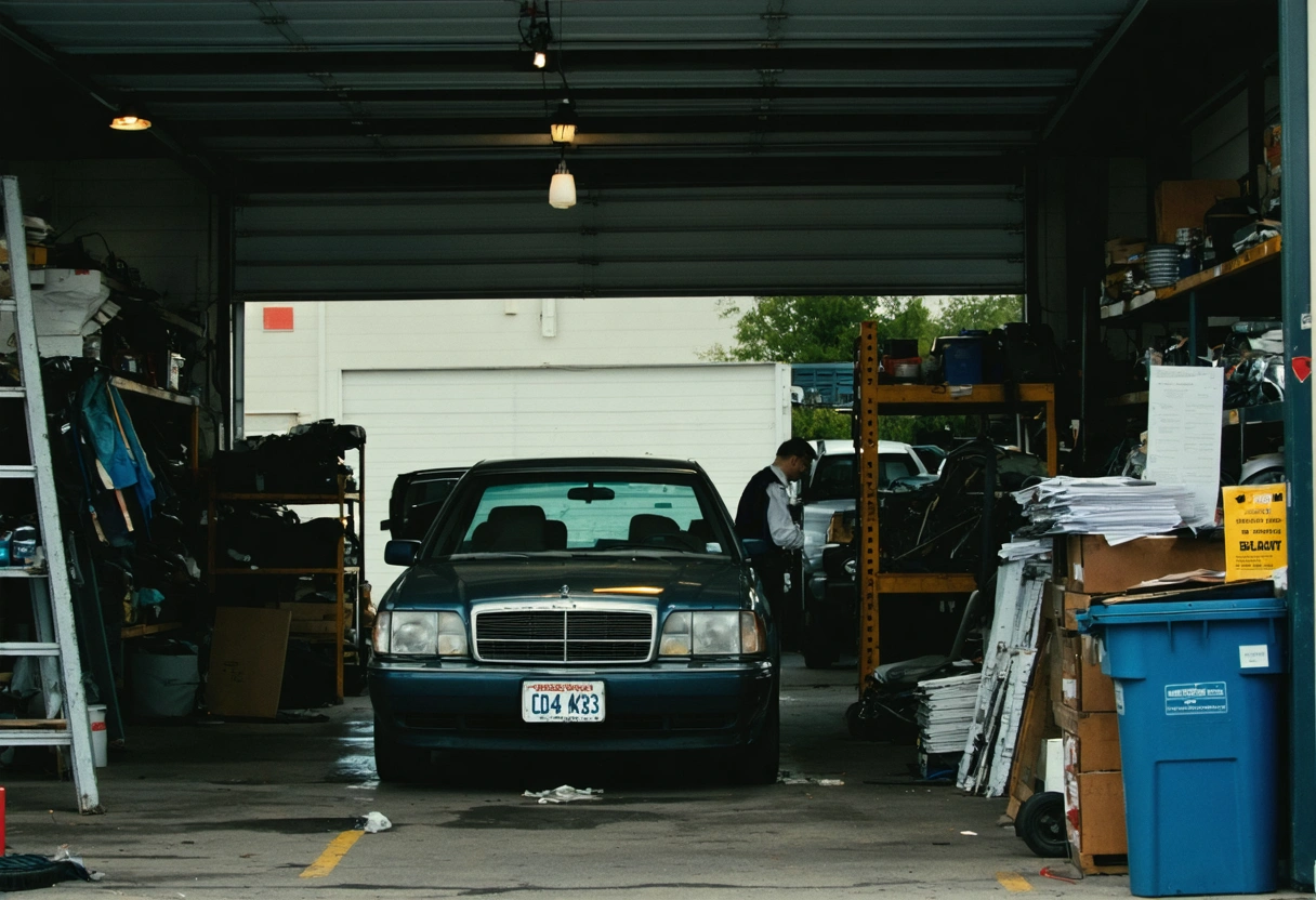 Driver noticing missing certificates and refused paperwork in a cluttered, dimly lit auto body shop