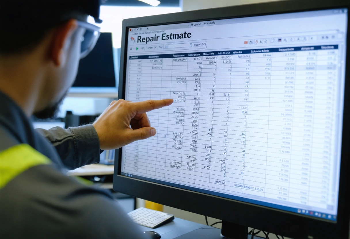 Technician pointing at detailed repair estimate on computer monitor in tidy office