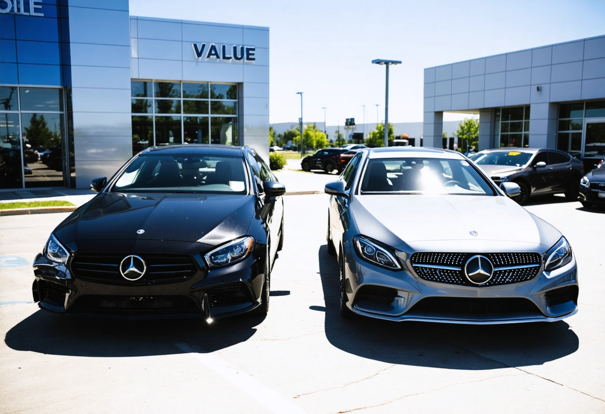 Two cars side by side, one dented and one pristine, dealership in background