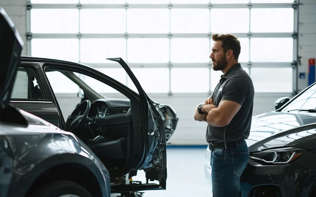 Driver consults technician in modern auto body shop beside damaged car, daylight streaming in.
