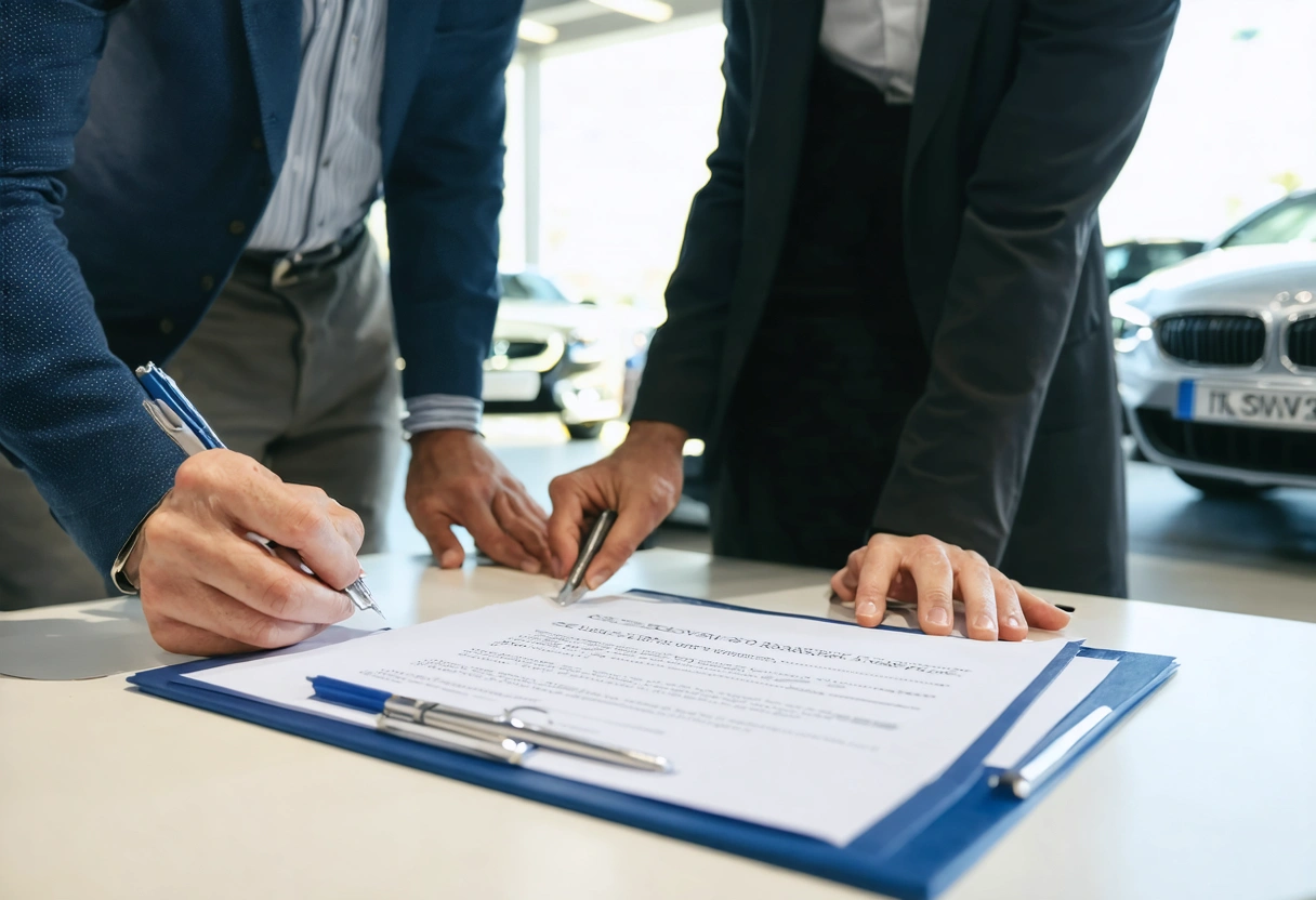 Customer and advisor reviewing written repair warranty at desk in welcoming shop office