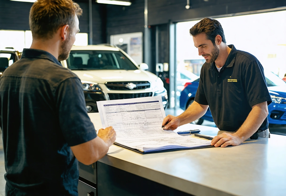 Customer and technician discussing repair process chart and warranty document at clean shop counter