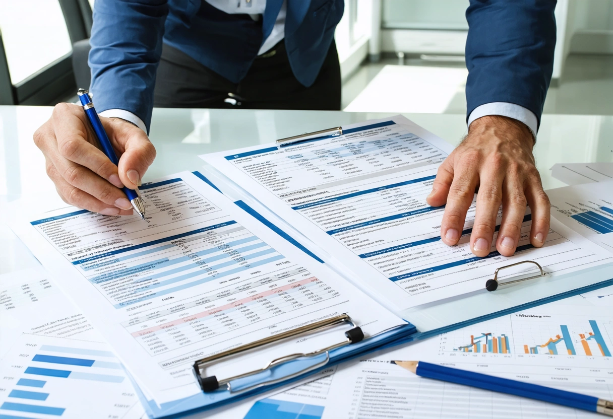 Customer comparing two detailed auto repair estimates with costs and parts lists at organized desk