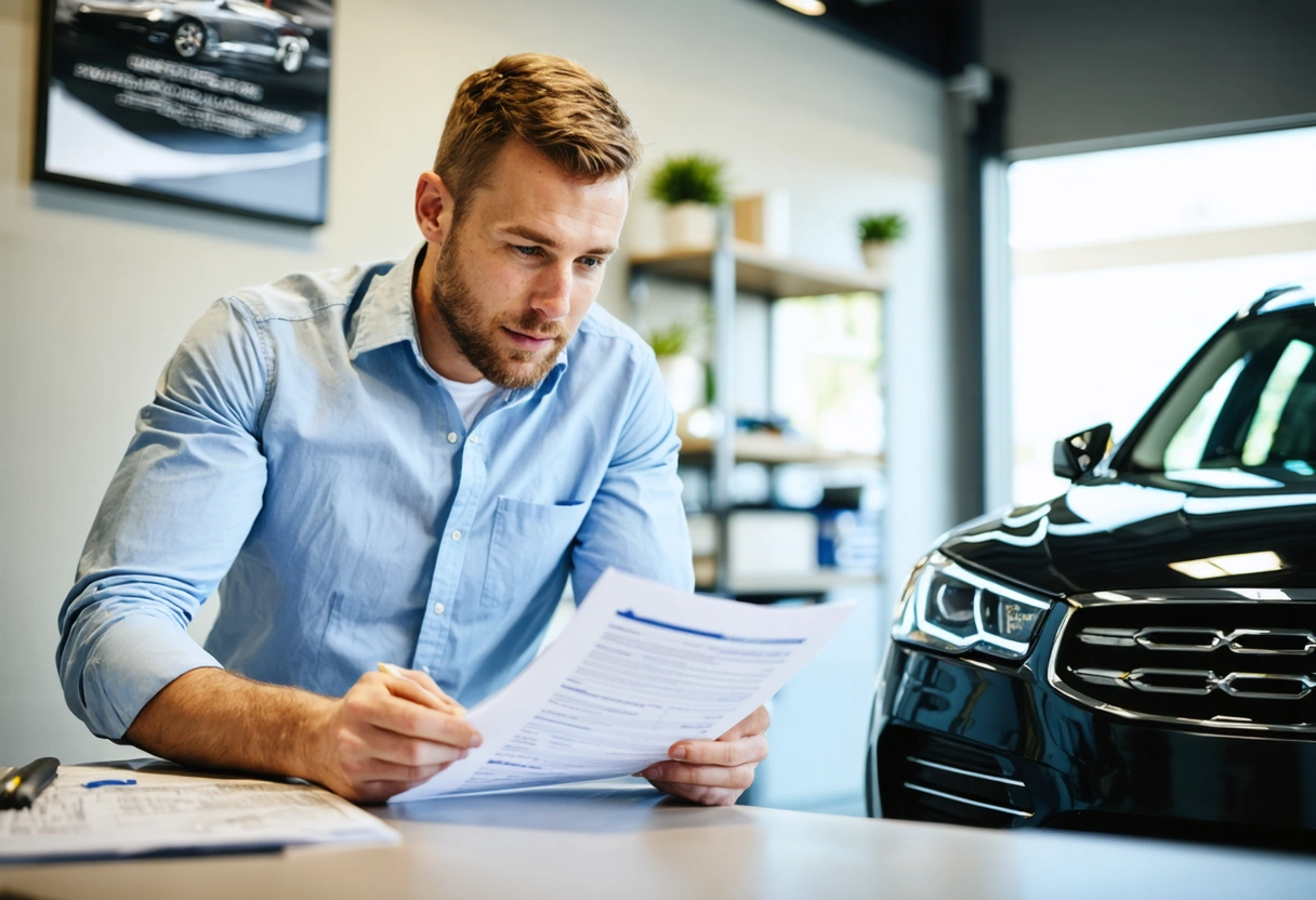 Customer reviews paperwork with auto body shop advisor at front desk, certificates on wall