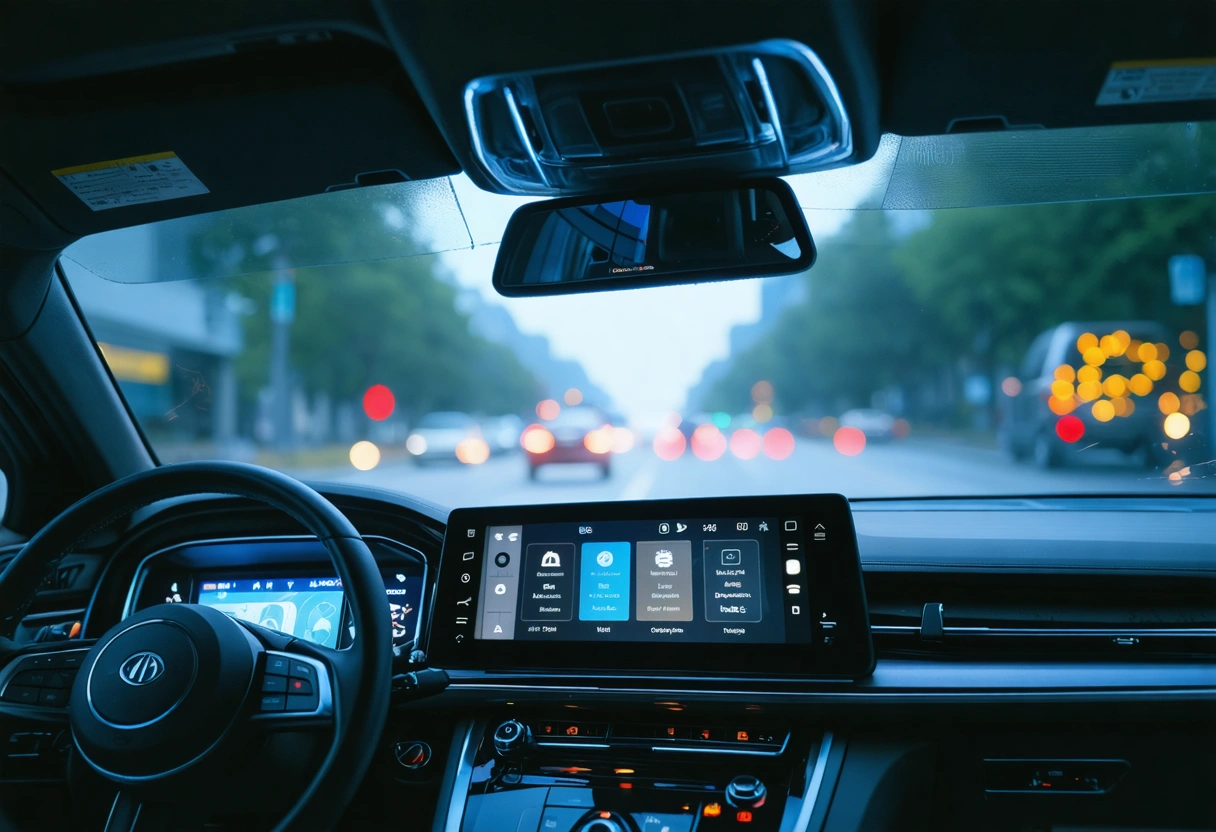 Dashboard view showing illuminated ADAS icons with city street visible through windshield in clear weather