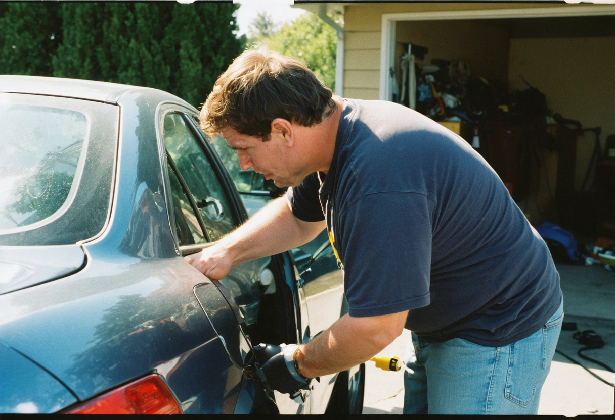 Frustrated car owner tries DIY dent removal with hairdryer and suction cup in driveway